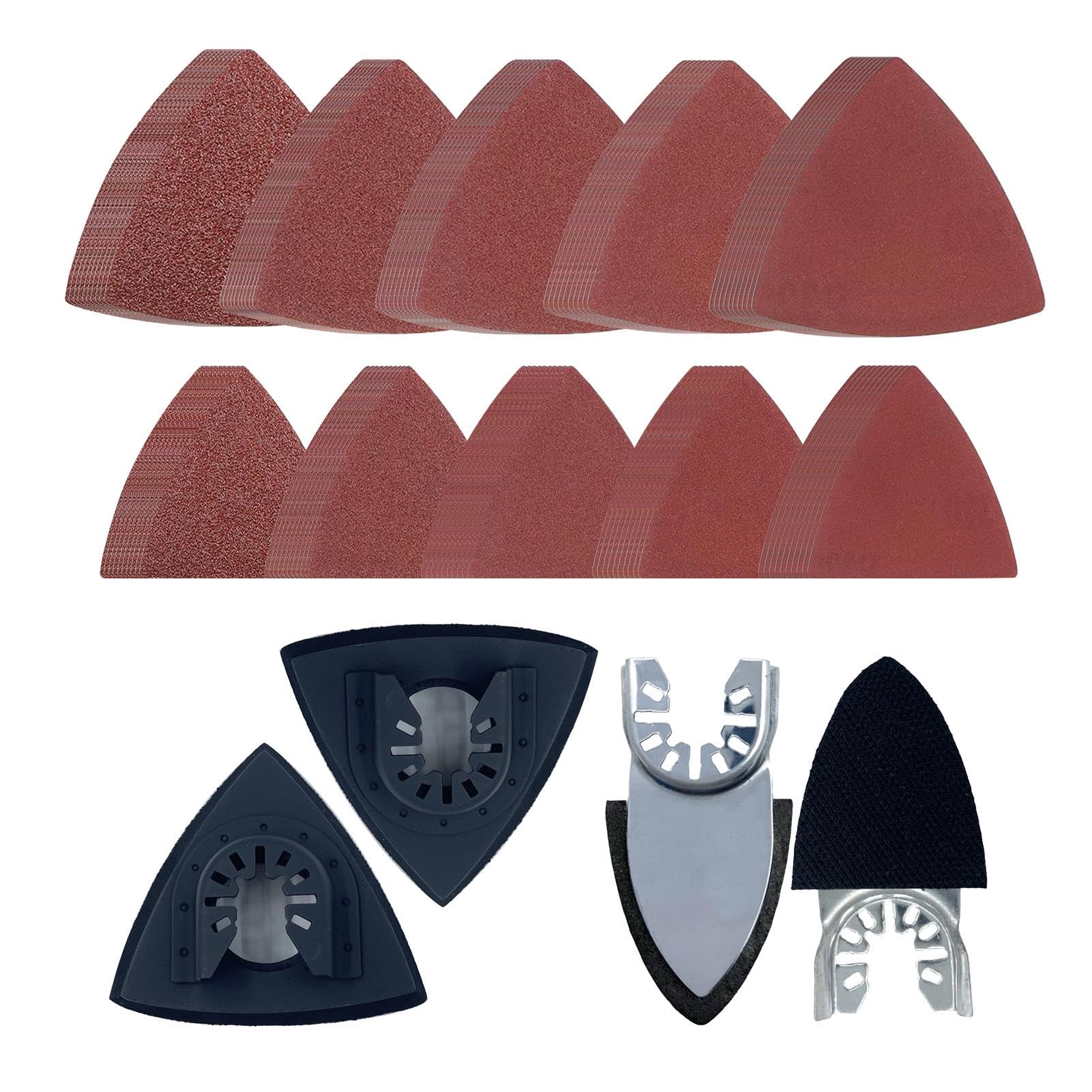 104Pcs Oscillating Multi Tool Sanding Pads Kit, 2 Triangle+2 Finger Hook & Loop Sanding Base +100 Assorted 60/80/100/120/240 Grit Sandpaper for Wood Drywall Metal Furniture Refin