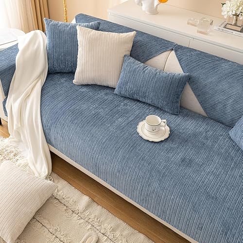 Miniatura 5 de vctops Funda de felpilla suave para sofá, color liso, tejido a rayas texturizadas, lavable, antideslizante, para perros y mascotas, 1 piezano todo