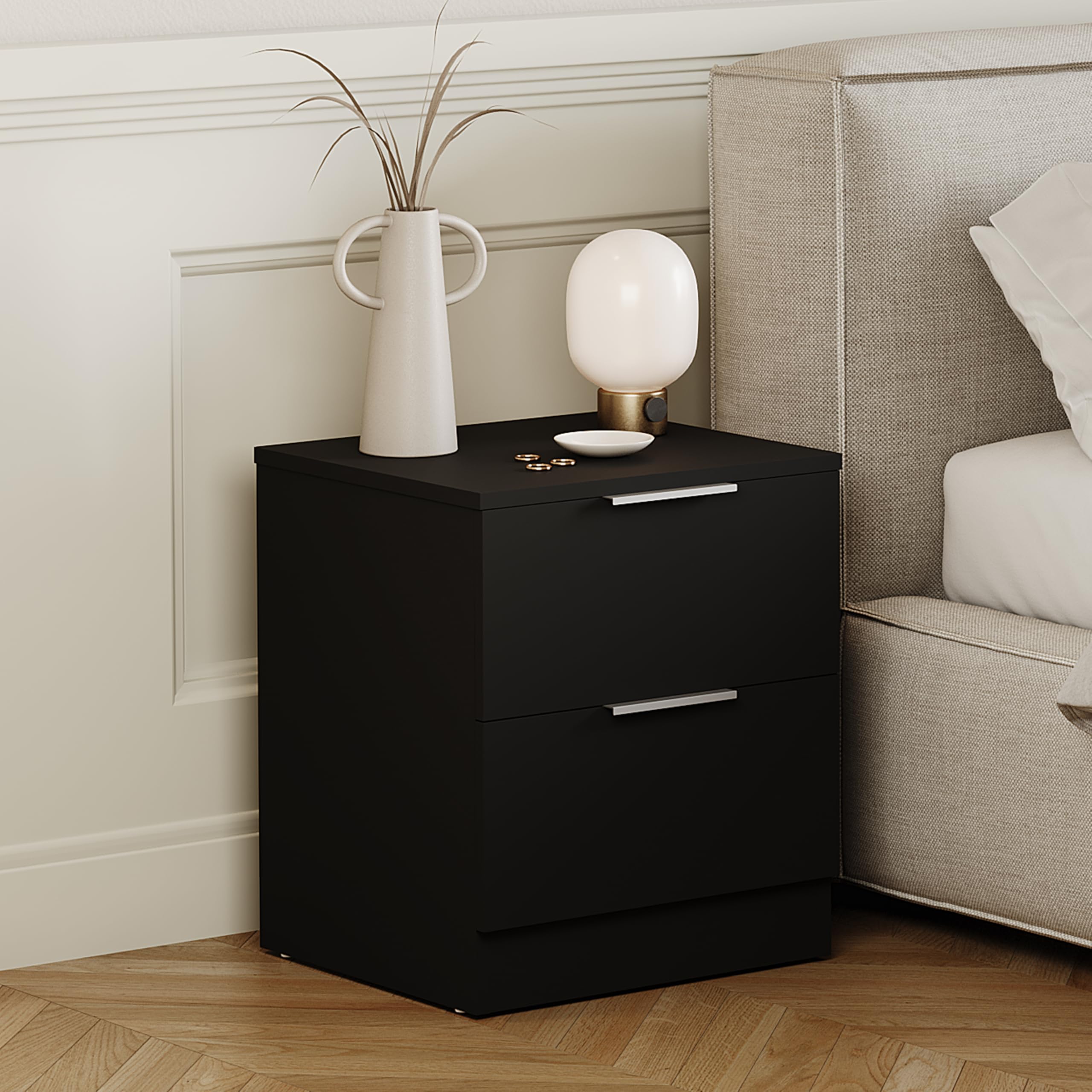 Vida Designs Trega 2 Drawer Bedside Cabinet Black - Compact Space-Saving Nightstand - 41H x 39W x 28D cm - Engineered Wood - Glide Drawers, Modern Silver Handles - Ideal for Bedroom & Guest Room