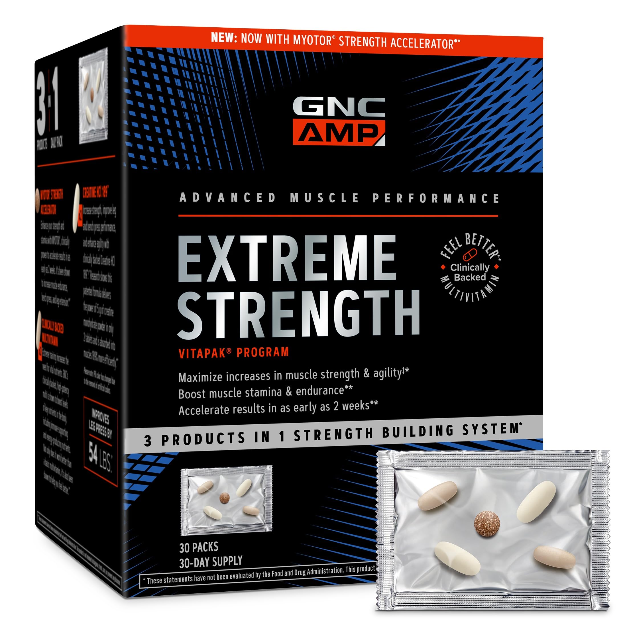 GNC AMP Extreme Strength Vitapak Program, 3-in-1 System, 30 Ct, 30 Srvgs