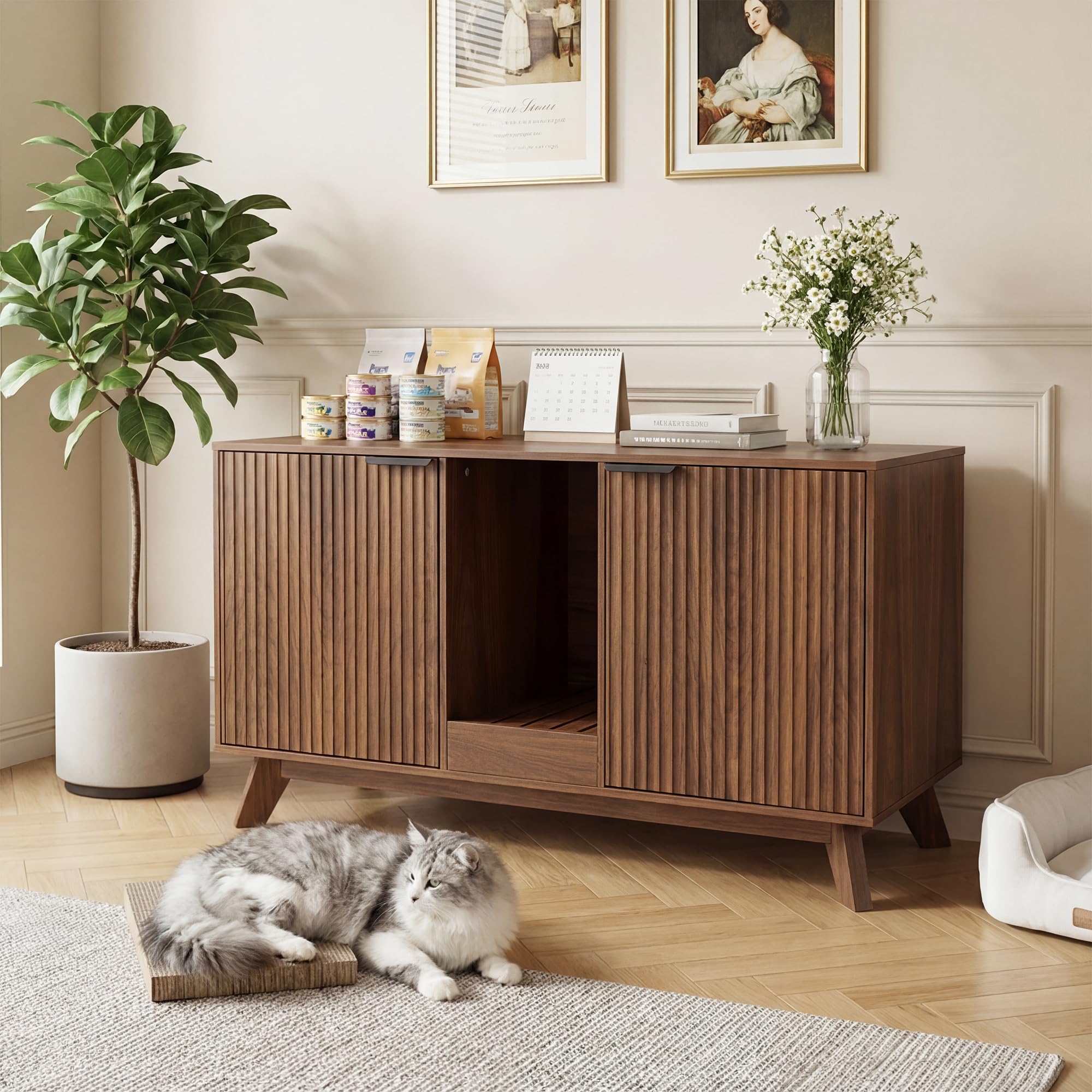 Double Cat Litter Box Enclosure for 2 Cats,Fluted Hidden Litter Box Furniture with Litter Collector & Scratch Pad,47" Large Enclosed Cat Cabinet,Cat House,TV Stand,for Living Room,Walnut