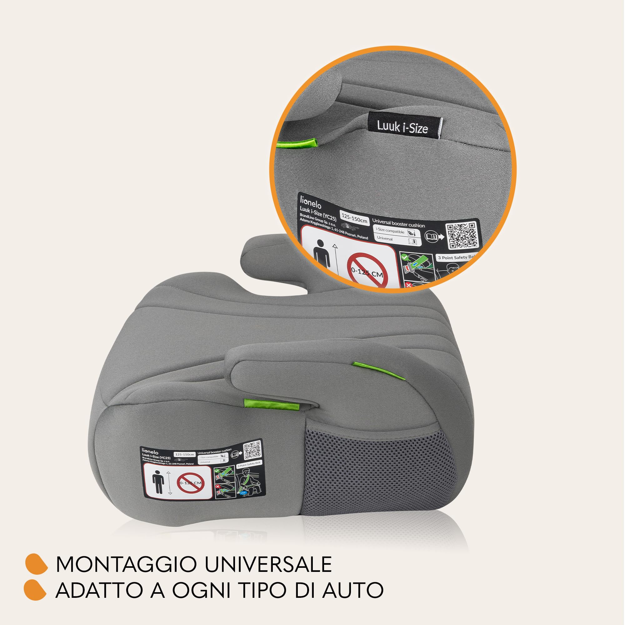 Lionelo Rialzo Auto per bambini LUUK I-Size Gruppo 2/3, 125-150 cm (22-36kg) Booster Leggero 1,6 kg e Comodo - Schiuma Adattiva, Braccioli, Traspirante e Lavabile, Facile installazione con cintura