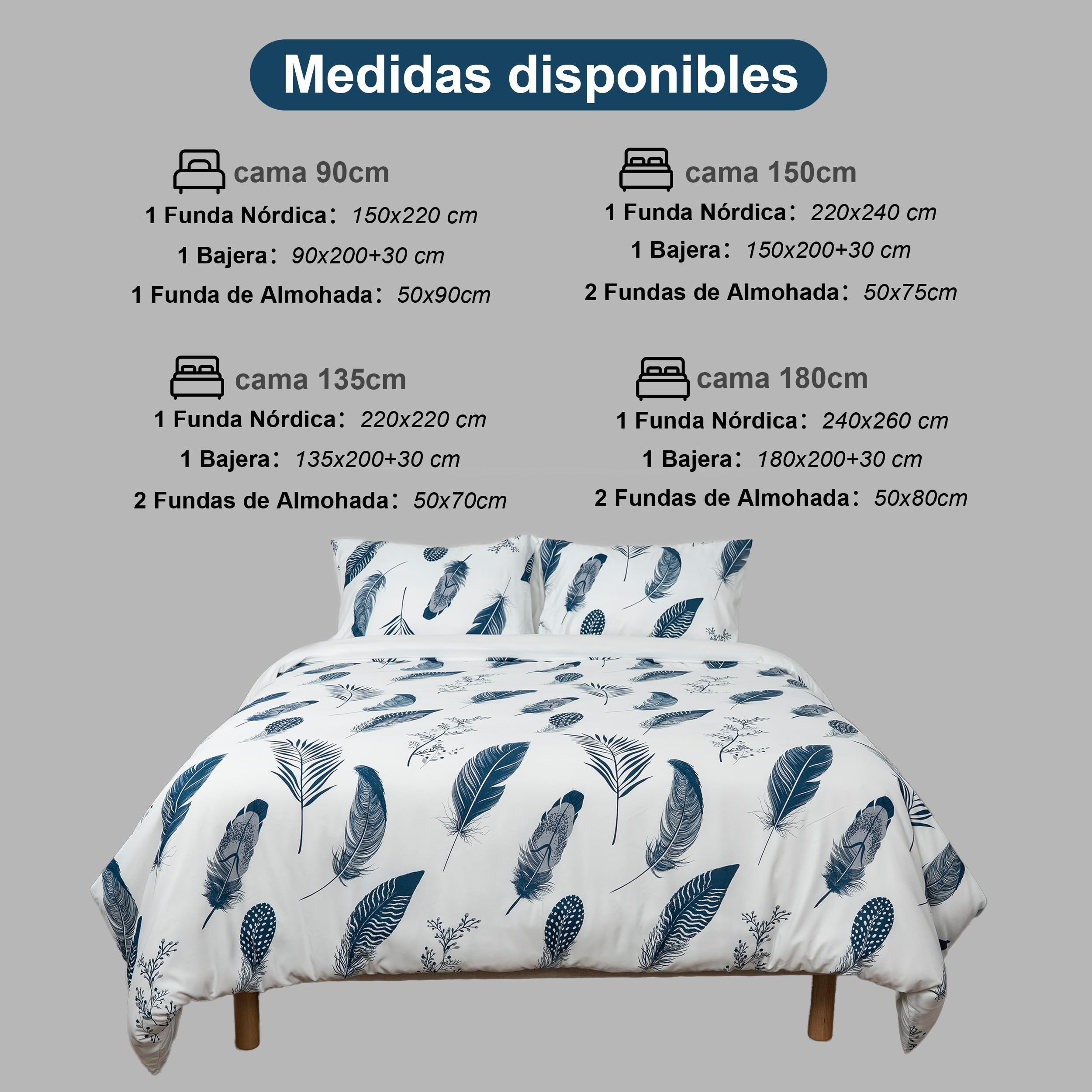 Etrexonline Juego de Funda Nórdica 4 Piezas Cama 150 Microfibra Suave Transpirable - 1 Funda Edredón 220x240 cm, 1 Bajera 150x200+30 cm y 2 Fundas de Almohada 50x75 cm (Pluma Azul) — view 8