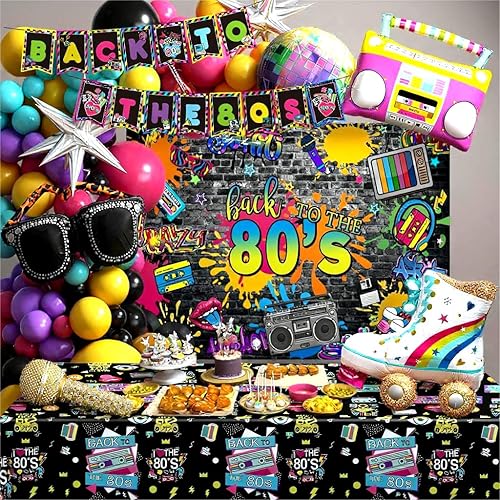 Decoraciones para fiestas temáticas de los años 80 con mantel de fondo de los años 80, pancarta, caja inflable, teléfono móvil y guitarra, globos de