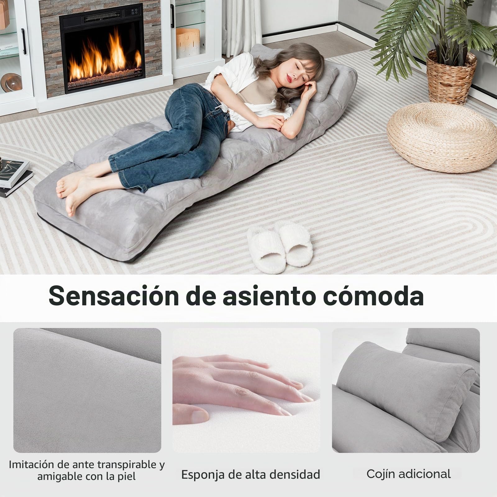 GOPLUS Sillón de Suelo con Respaldo Ajustable en 5 Niveles, Sofá Perezoso con Reposacabezas, Silla de Suelo Plegable Relax para Leer, Dormir y Relajarse, 175x55x20CM, Carga 120 kg (Gris)