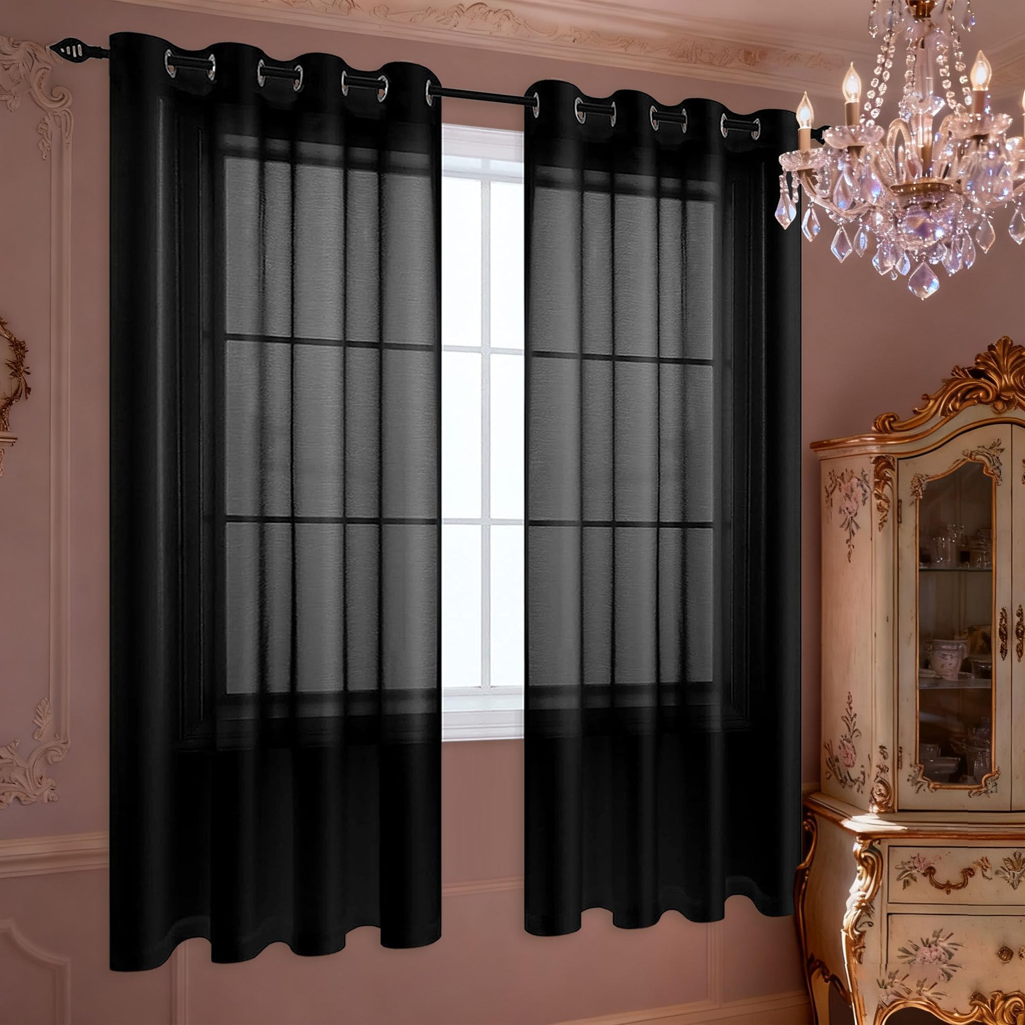 Zasłony Półprzezroczyste 250 x 185 cm Z Oczkami Krótka Zasłona Przezroczysta, Elegancka, Wysokiej Jakości Glamour Do Sypialni Salonu Pokoju Dziecięcego, Czarny