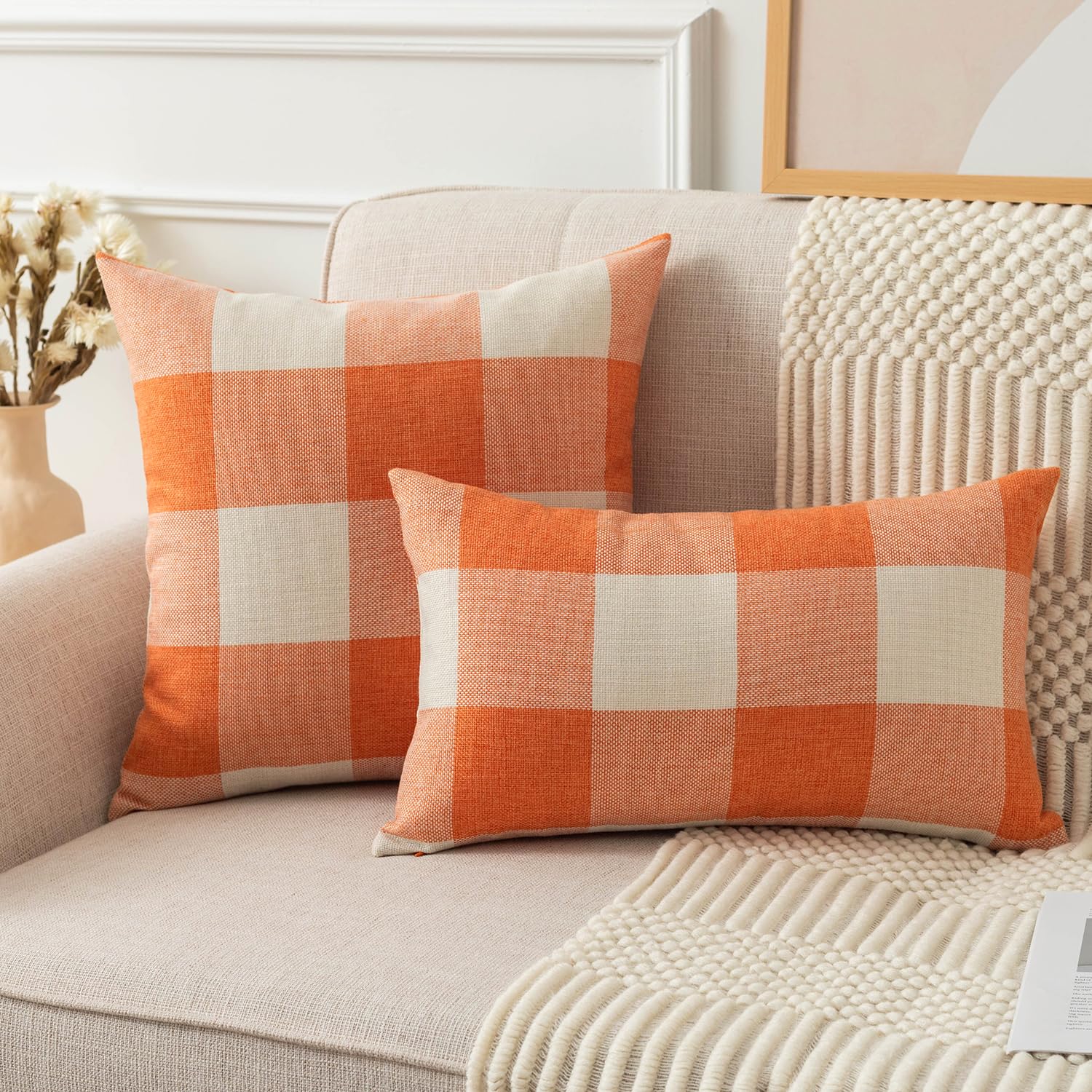 オレンジチェック×2枚　クッションカバー オレンジチェック×2枚クッションカバー