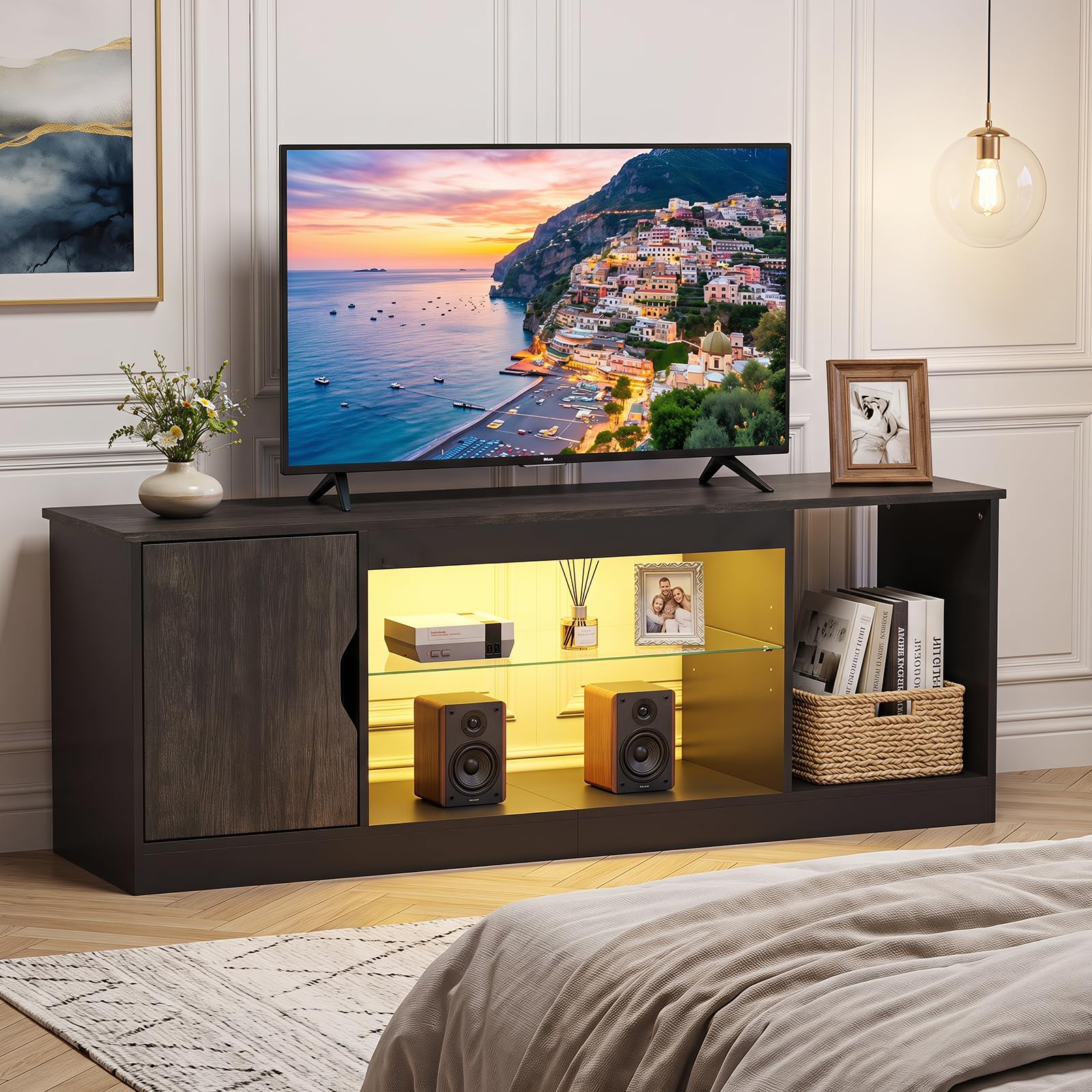 COSTWAY Szafka TV z LED, szafka pod telewizor do 65 cali (brązowa)