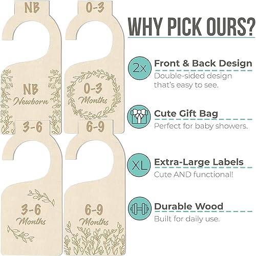 Miniatura 8 de Divisores de tamaño de armario para bebé, 7 separadores de madera de primera calidad para ropa de bebé, plantas botánicas de hojas verdes,