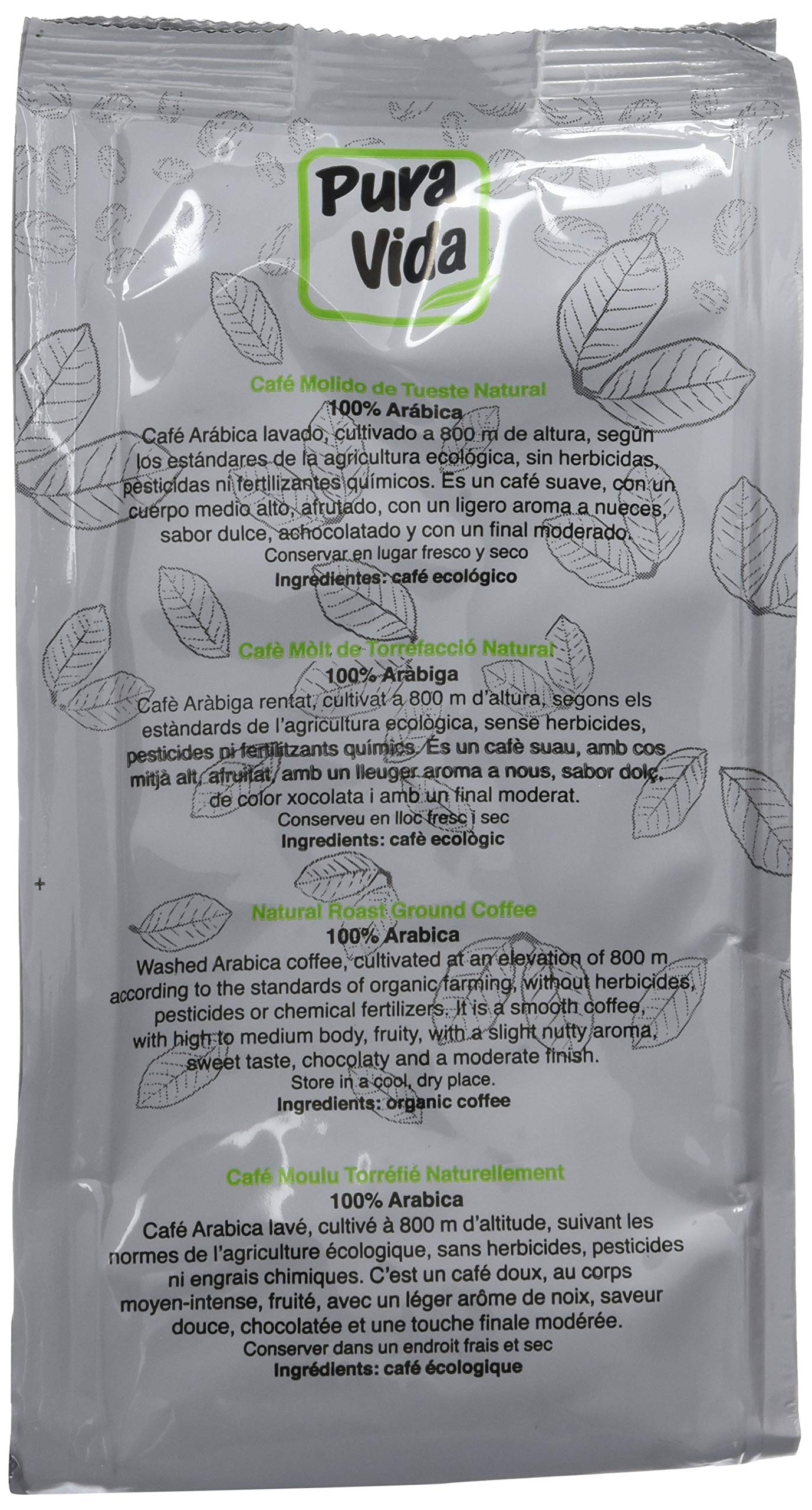 Pura Vida Café Ecológico Natural Molido - 4 Paquetes de 250 gr - Total: 1000 gr