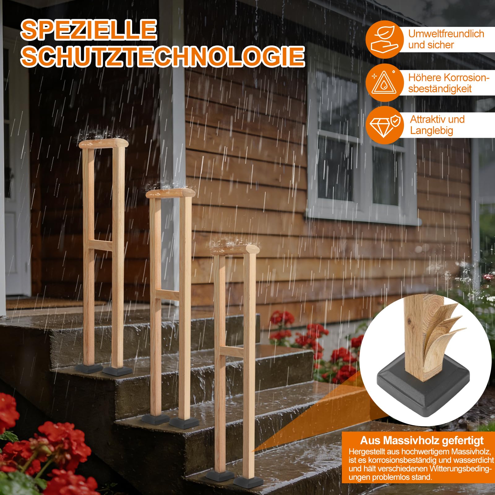 Corrimano per Scale da Interno in Legno, Ringhiera per Scale a Forma di H, Corrimano per Scale da Esterno in Legno, Parapetto Scala Impermeabile per Verande,Terrazze e Appartamenti (100 cm)