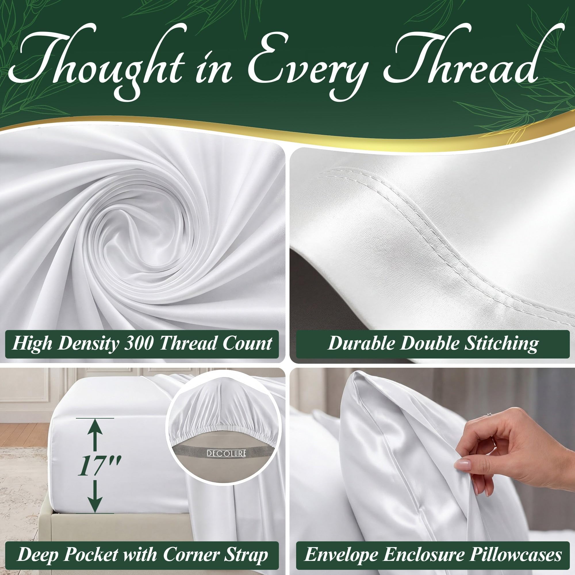 DECOLURE 100% Organic Viscose Derived from Bamboo Sheets Queen Size 6pcs - Ultra Soft & Luxuriously Cooling, 17" Deep Pocket, Double Stitching, Perfect for Hot Sleepers - Queen Bed Sheets (White) — view 4