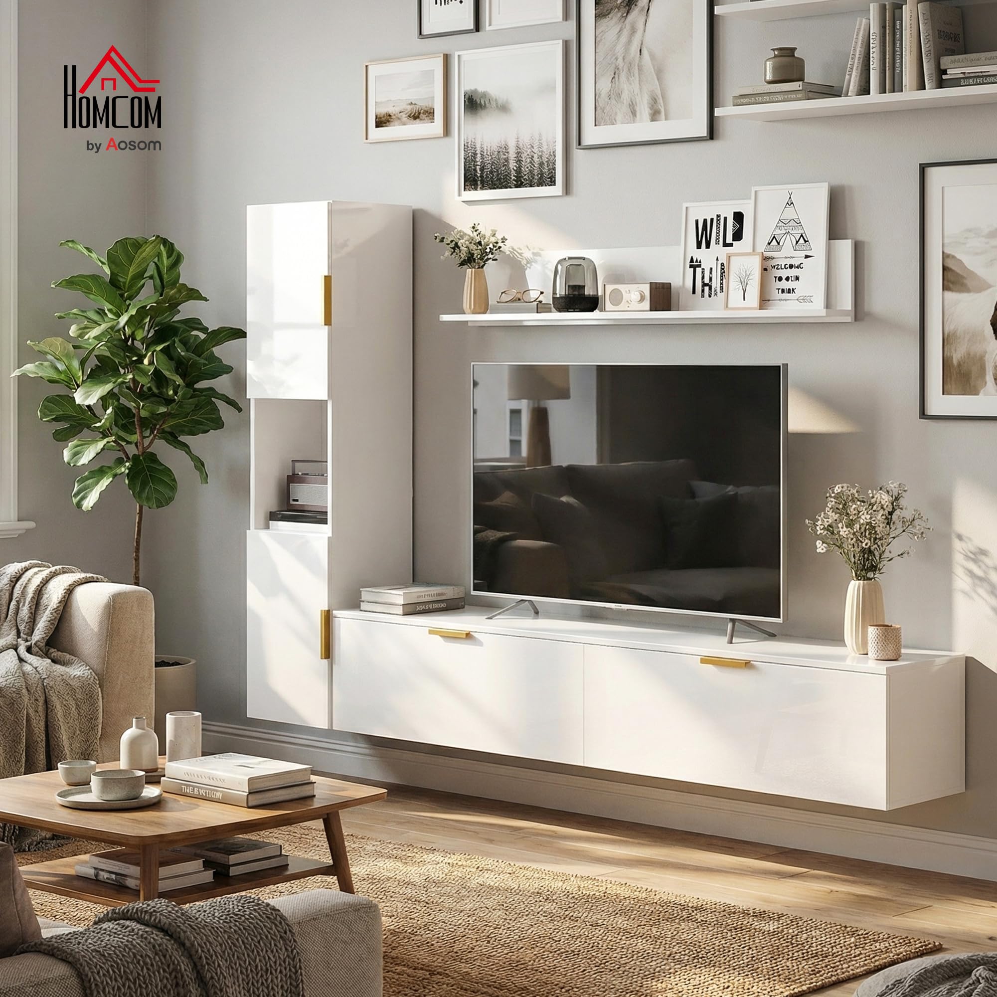 HOMCOM Meuble Mural pour Salon avec étagère Murale et Armoire de Rangement, Ensemble TV 3 pièces, Meuble TV avec Portes battantes, pour téléviseurs jusqu'à 55 Pouces, Blanc Brillant