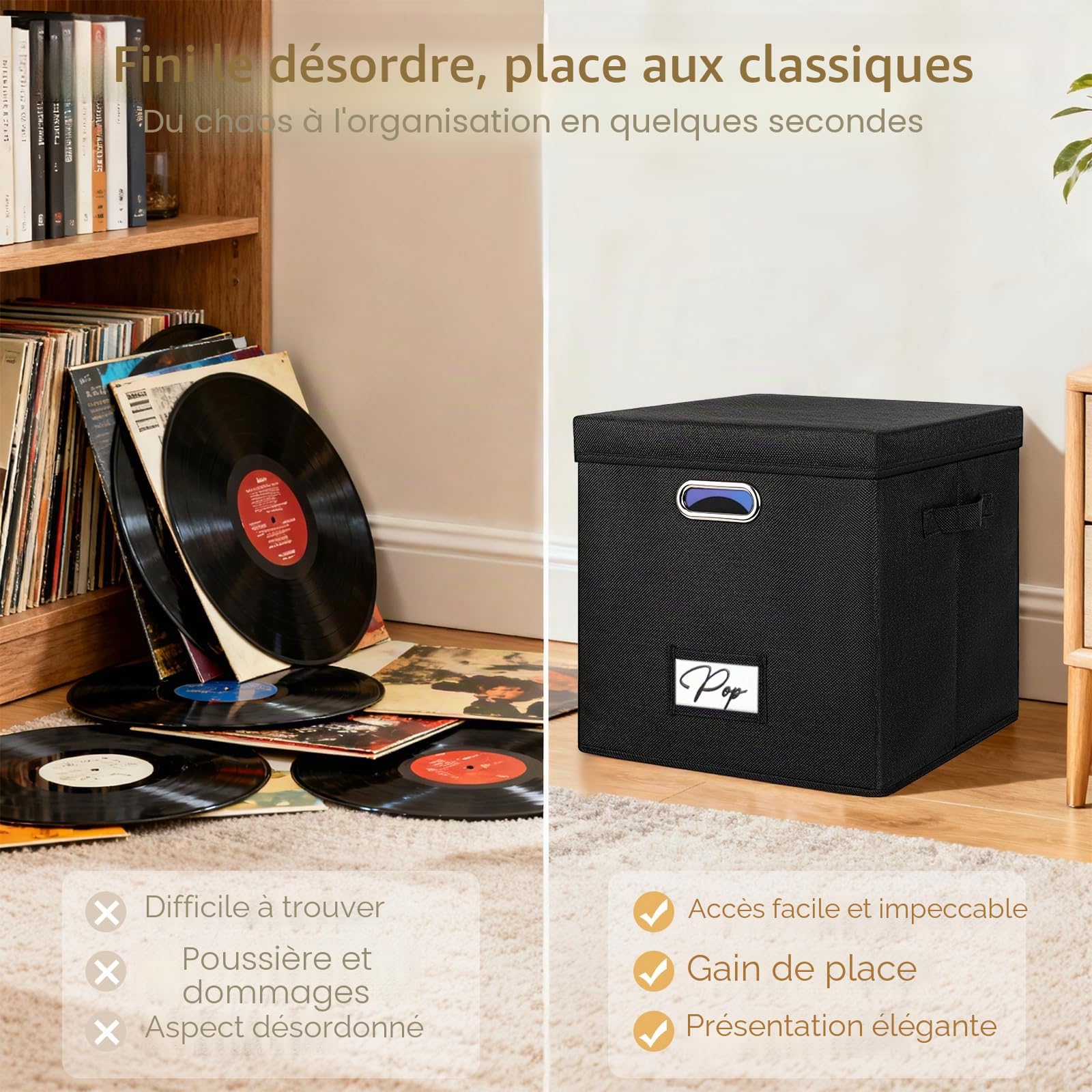 Woodoulogy 2 Pack Boîte Rangement Vinyle pour 100+ LPs, Support Disques 12"
