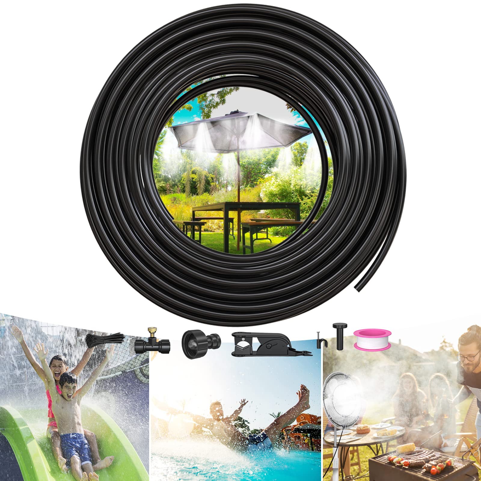 Misting Cooling System Outdoor Water Mist, Mister System for Outside Patio 59FT (18M), Misting Line + 15 Brass Mist Nozzles, Trampoline Waterpark Sprinkler