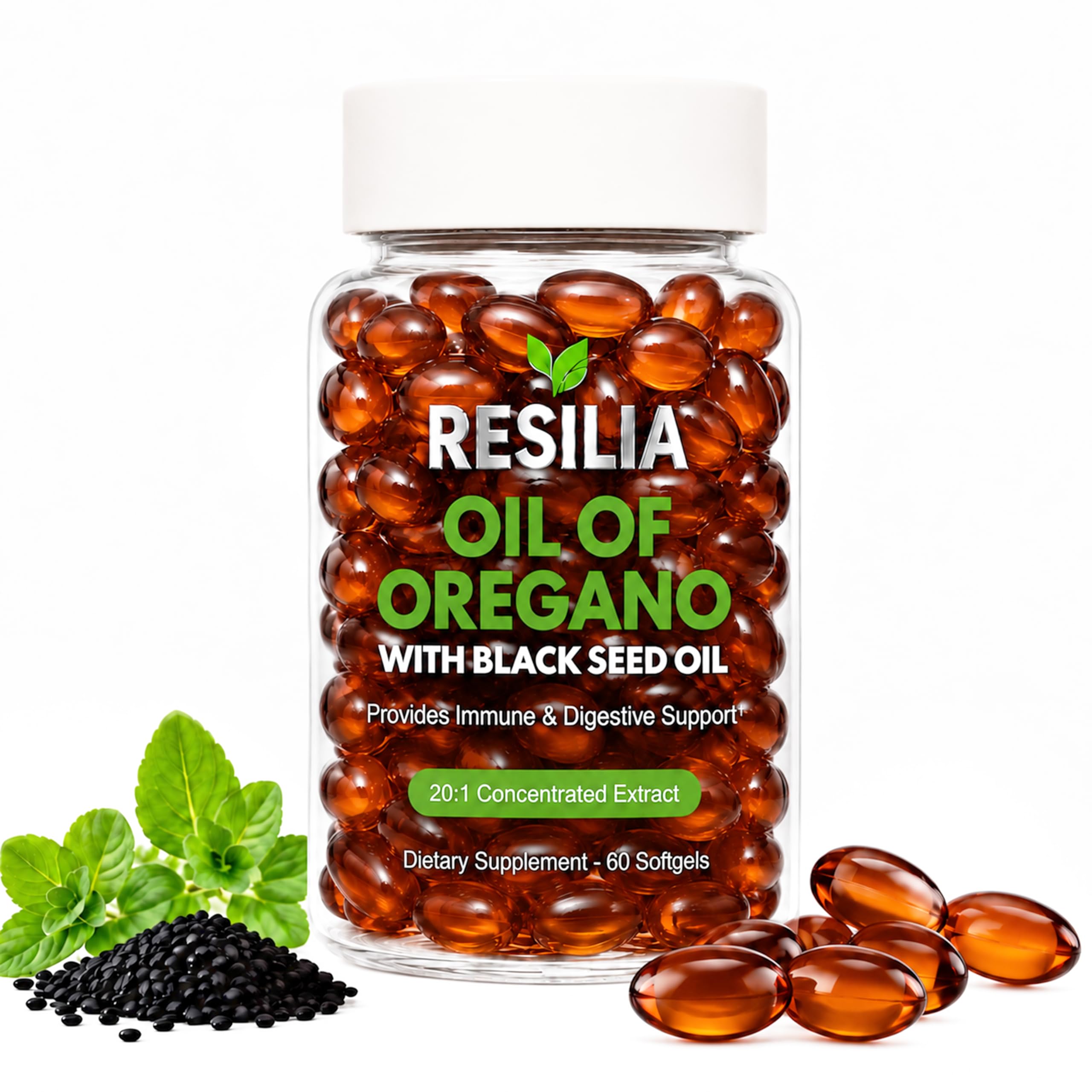 Resilia Black Seed Oil Softgels – Organic Oil of Oregano Capsules for Immune & Digestive Support – Non-GMO, Gluten-Free – New Bottle Packaging (60 Count)