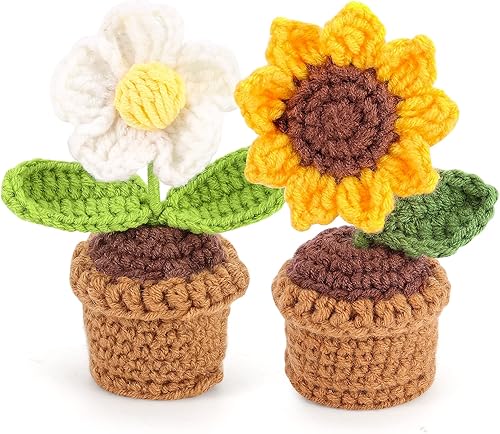 Omldggr Paquete de 2 flores de ganchillo hechas a mano hechas a mano, girasoles tejidos a mano, margaritas, plantas de punto para decoración del