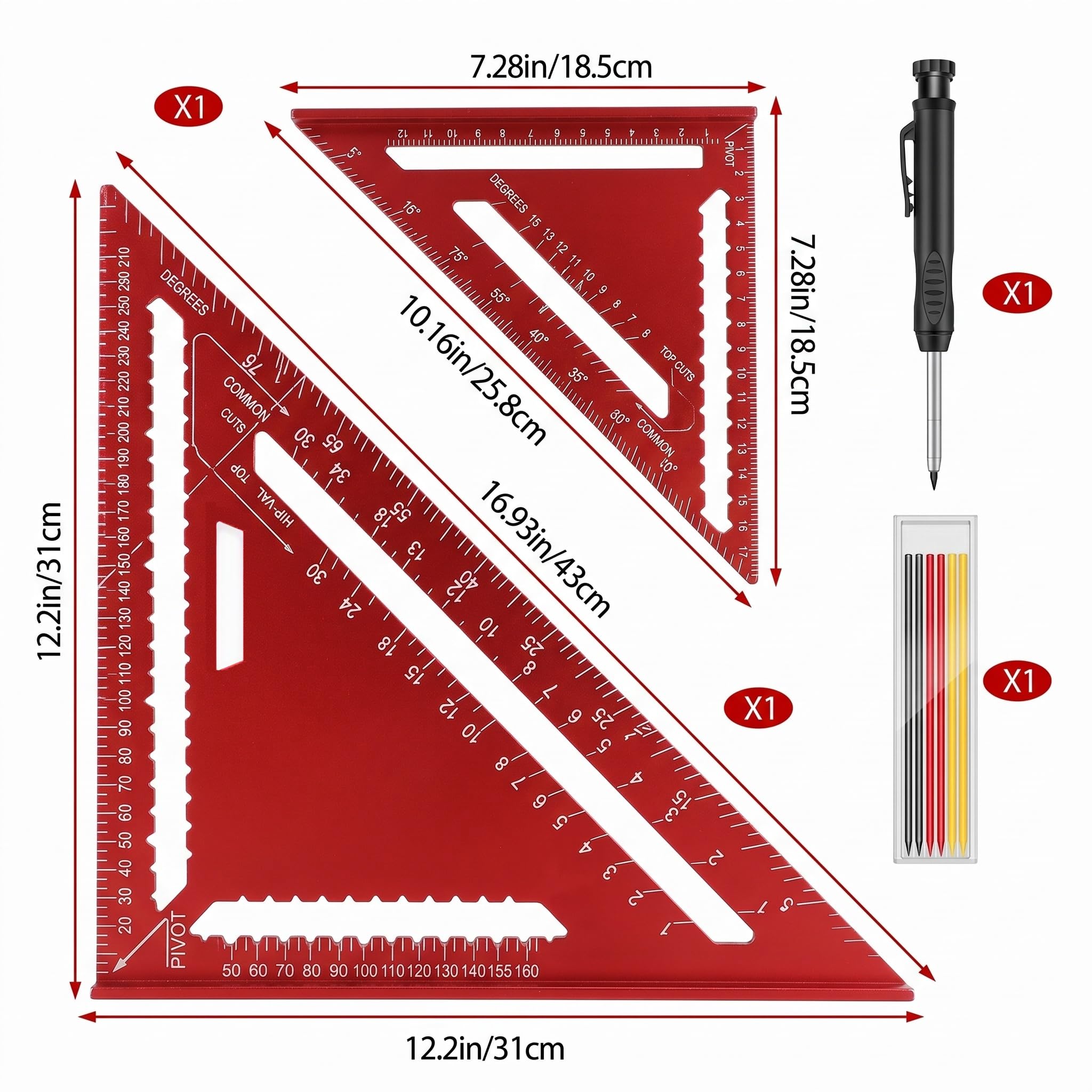 2 juegos de escuadras de carpintero, de 180 mm y 300 mm, transportador de 0-90° con lápiz de construcción, escuadra combinada de aleación de aluminio para bricolaje, carpintería y mejoras del hogar