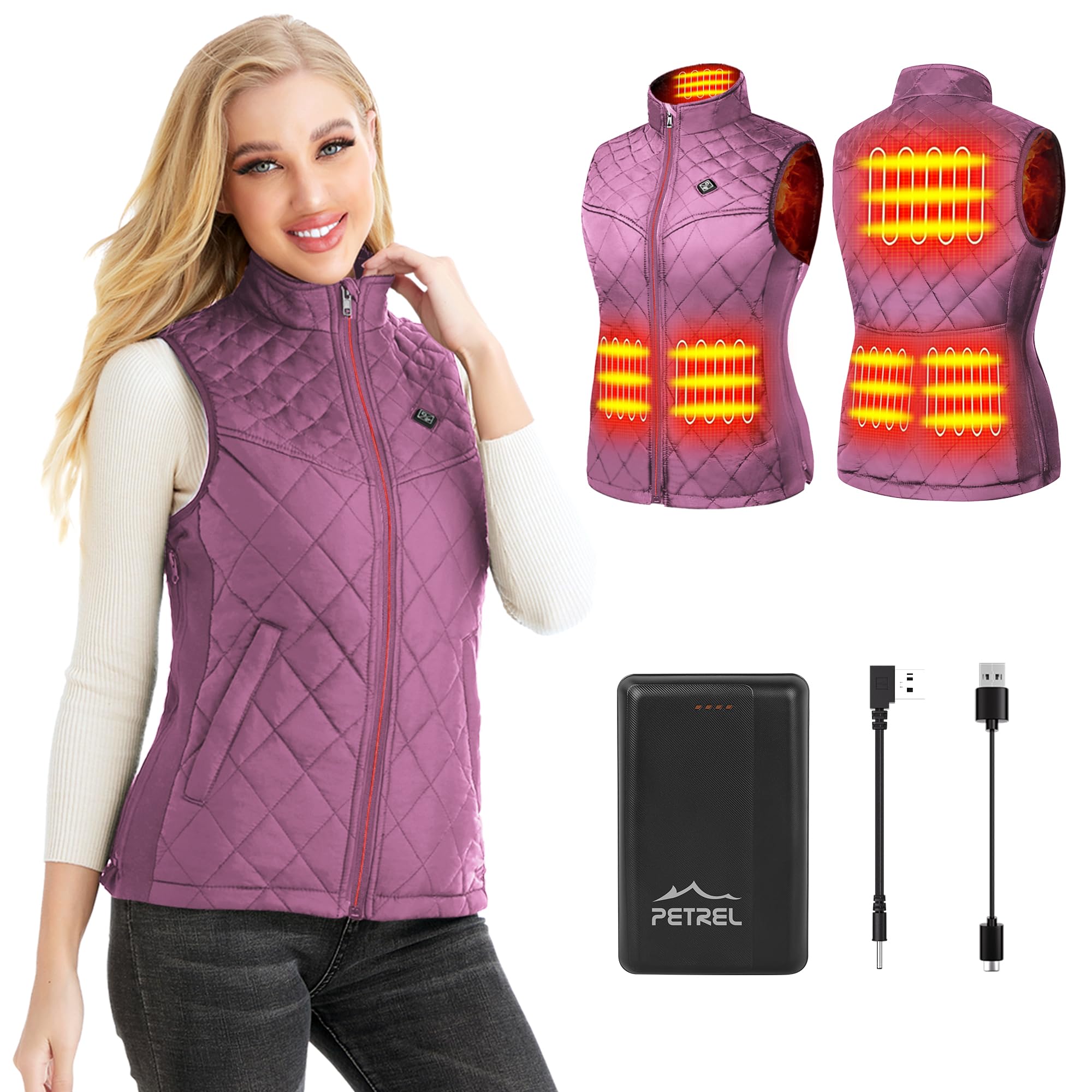 PETREL Heated Vest for Women with Battery Pack, Electric Rechargeable Heated Coat Small Morandi Purple