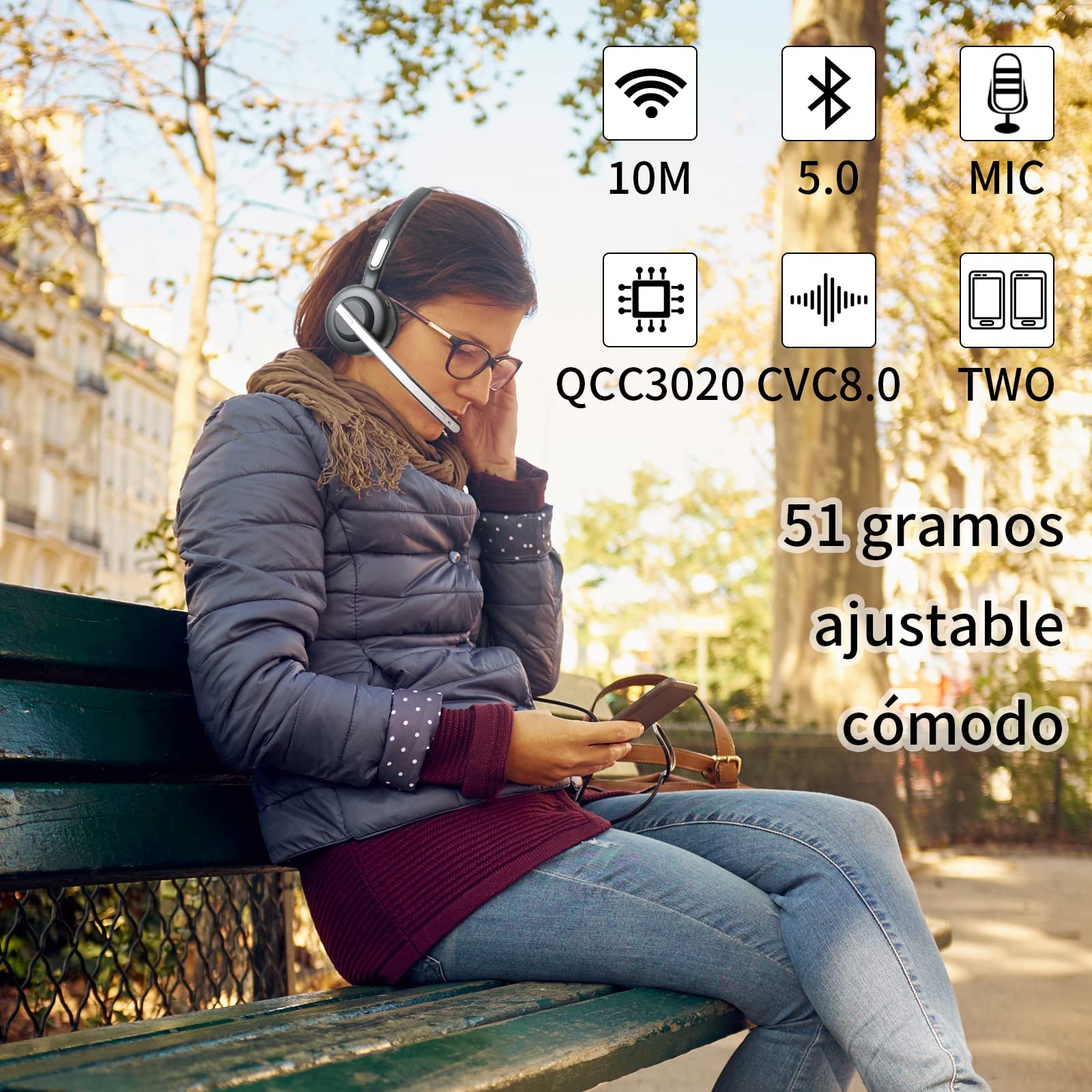 BIGFOX Auricular Bluetooth 5.0 Auriculares Inalámbricos con Micrófonos, Auricular Telefónico con Cancelación de Ruido,Conectividad para Dos Dispositivos Auriculares para Oficina Centro de Llamadas