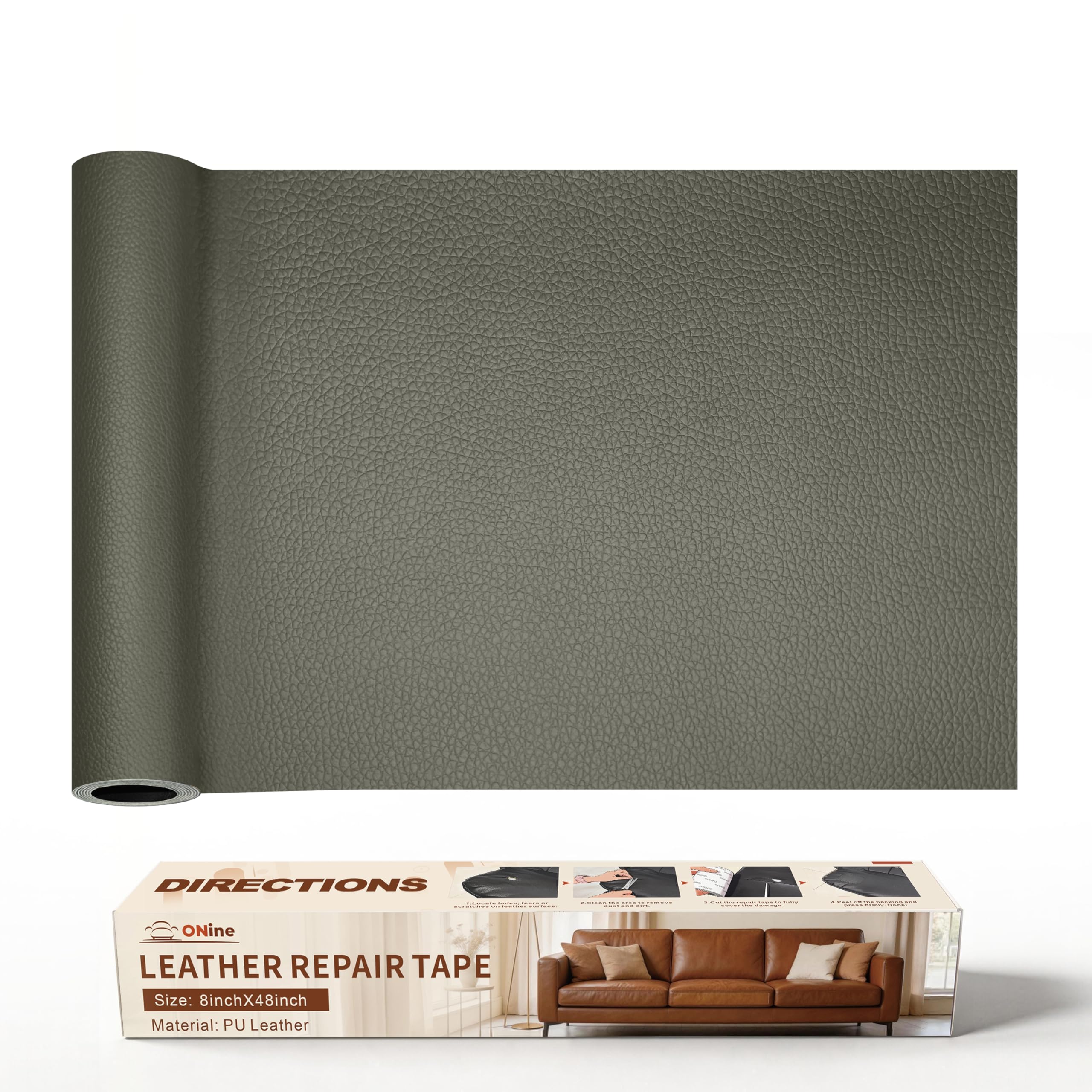 ONine Leather Repair Patch，Leather Repair Tape, 8 x 48 inches Leather Repair Patch for Furniture,Vinyl Repair kit，Leather Couch Patch，for Sofas, Furniture, car Seats(Grey-Litchi Grain)