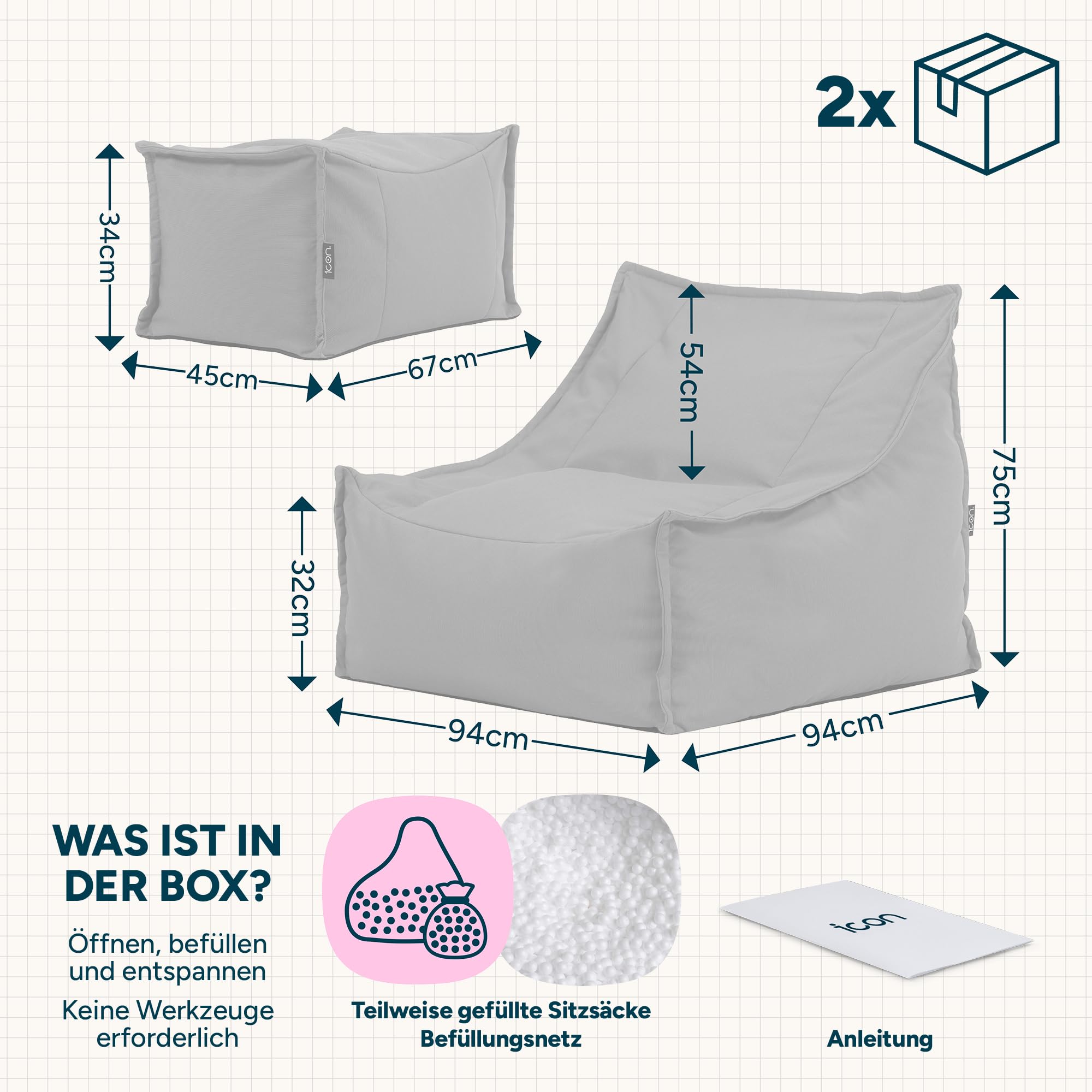 Icon Alto Outdoor Sitzsack Sessel mit Hocker, Beige, Olefin Stoff für Drinnen und Draußen, Riesen Sitzsack mit Füllung, Bequemer Sessel, Garten, Terrasse, Lounge, Wohnzimmer