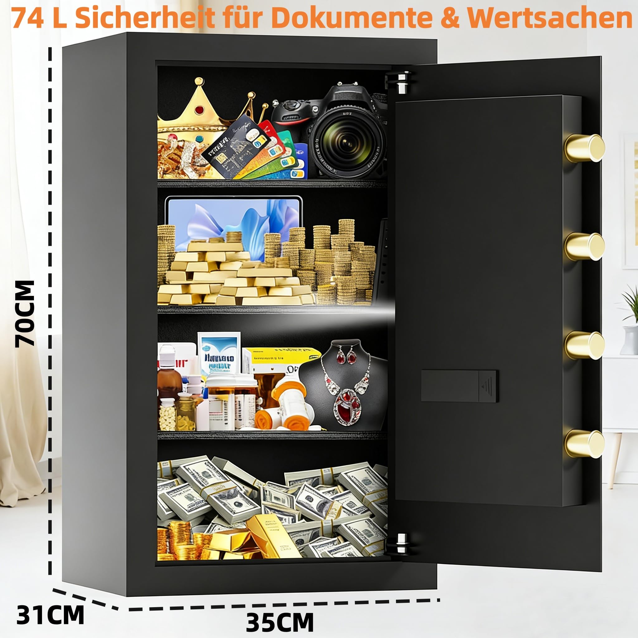Caja fuerte grande de 74 l con cerradura de combinación, incluye bolsillo para documentos ignífugo (34 x 24 cm), montaje en pared y suelo, caja fuerte para muebles con 4 pernos y función de alarma