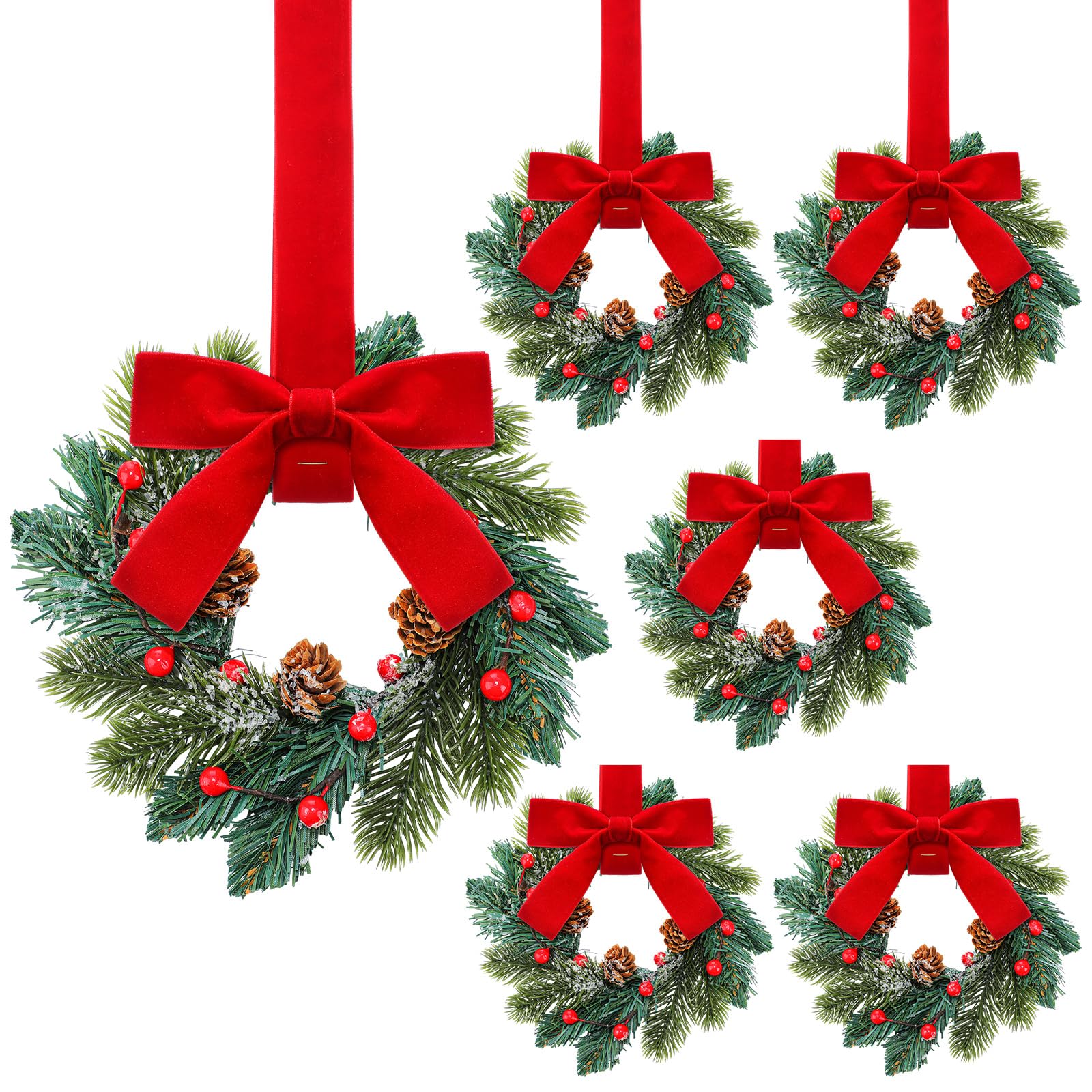 Knitgrip 6 Pcs Mini Christmas Kitchen Wreath with Red Bow Pine Cone Decor