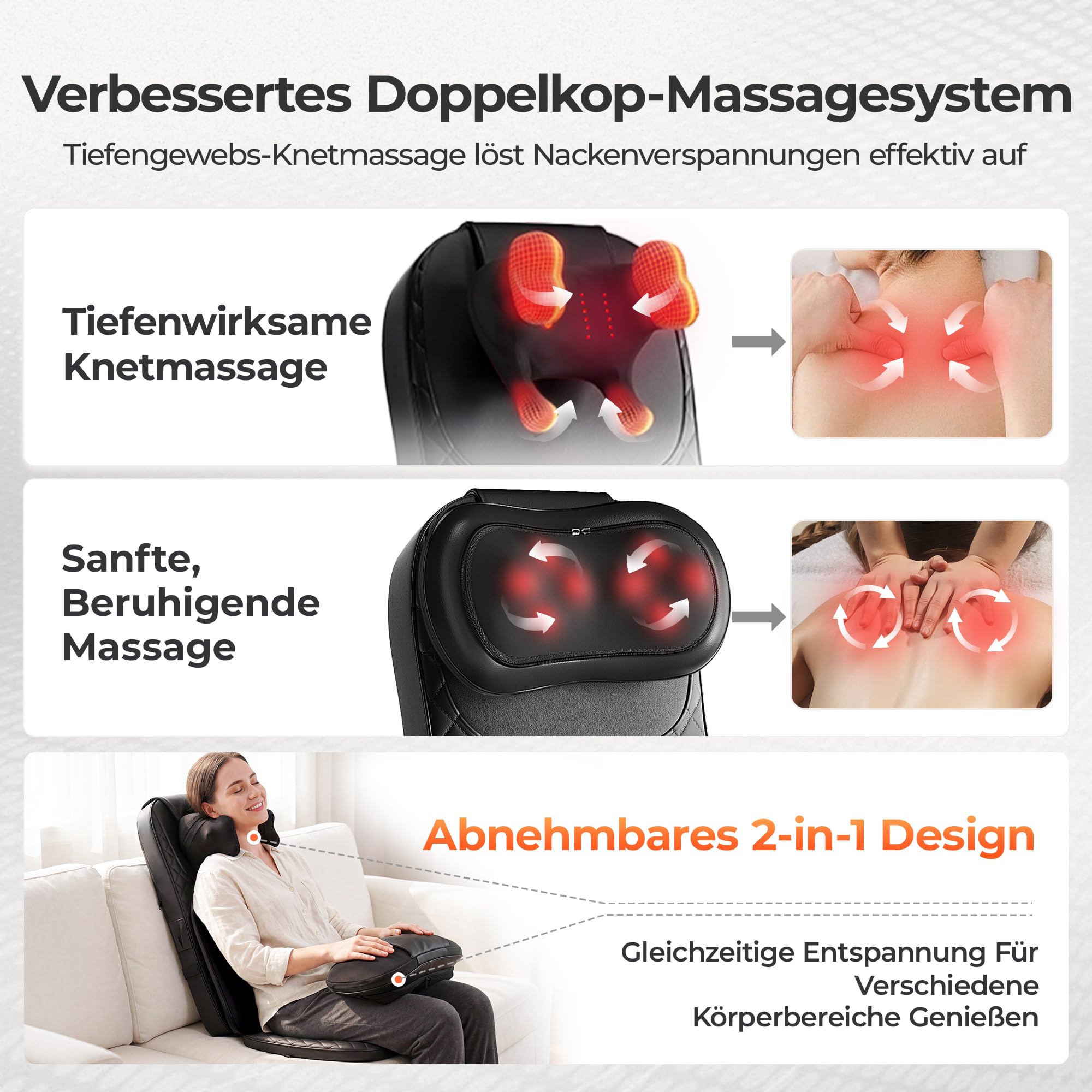 Shiatsu Massagesitzauflage, Massagegerät Rücken mit Knetmassage, Rollmassage & Vibration, Rückenmassagegerät mit Wärme mit 2 Nacken-Wechselköpfen für Nacken Schulter Rücken und Oberschenkel