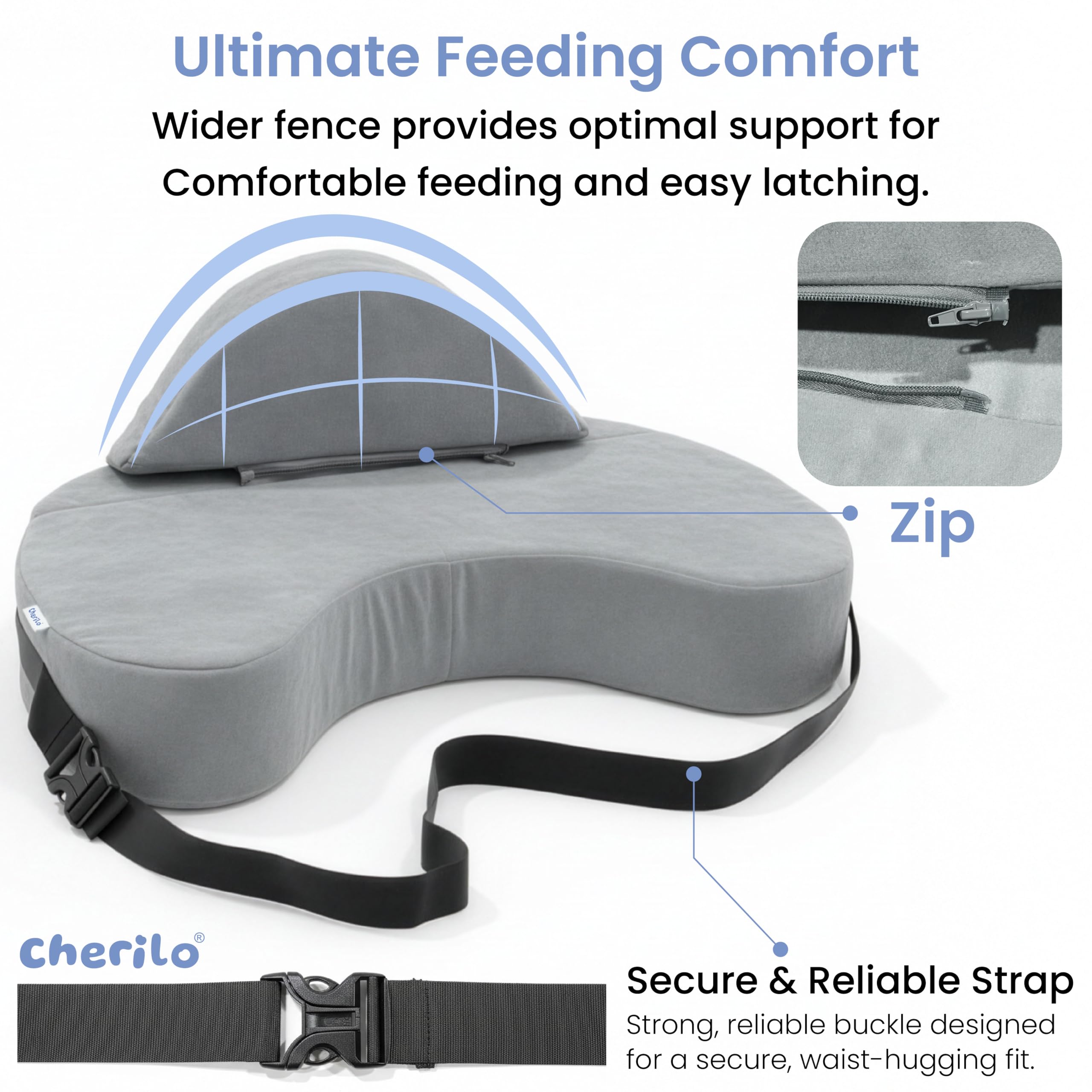 Cherilo Feeding Pillow for New Born Baby | Breast Feeding Pillow & Bottle Feeding Support Pillows with Safety Fence Design | Adjustable Waist Belt | Soft Removable Velvet Cover – Grey 2