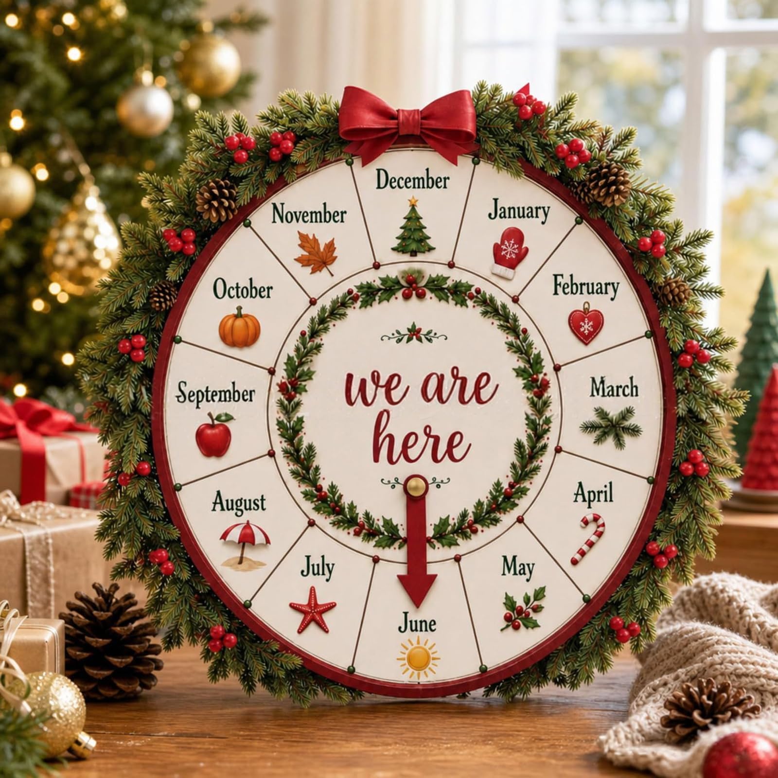Rueda de cuenta regresiva de madera para decoración de navideña con puntero móvil, acento gráfico navideño en para estante, repisa, entrada, decoración de rueda de Adviento, cartel de de