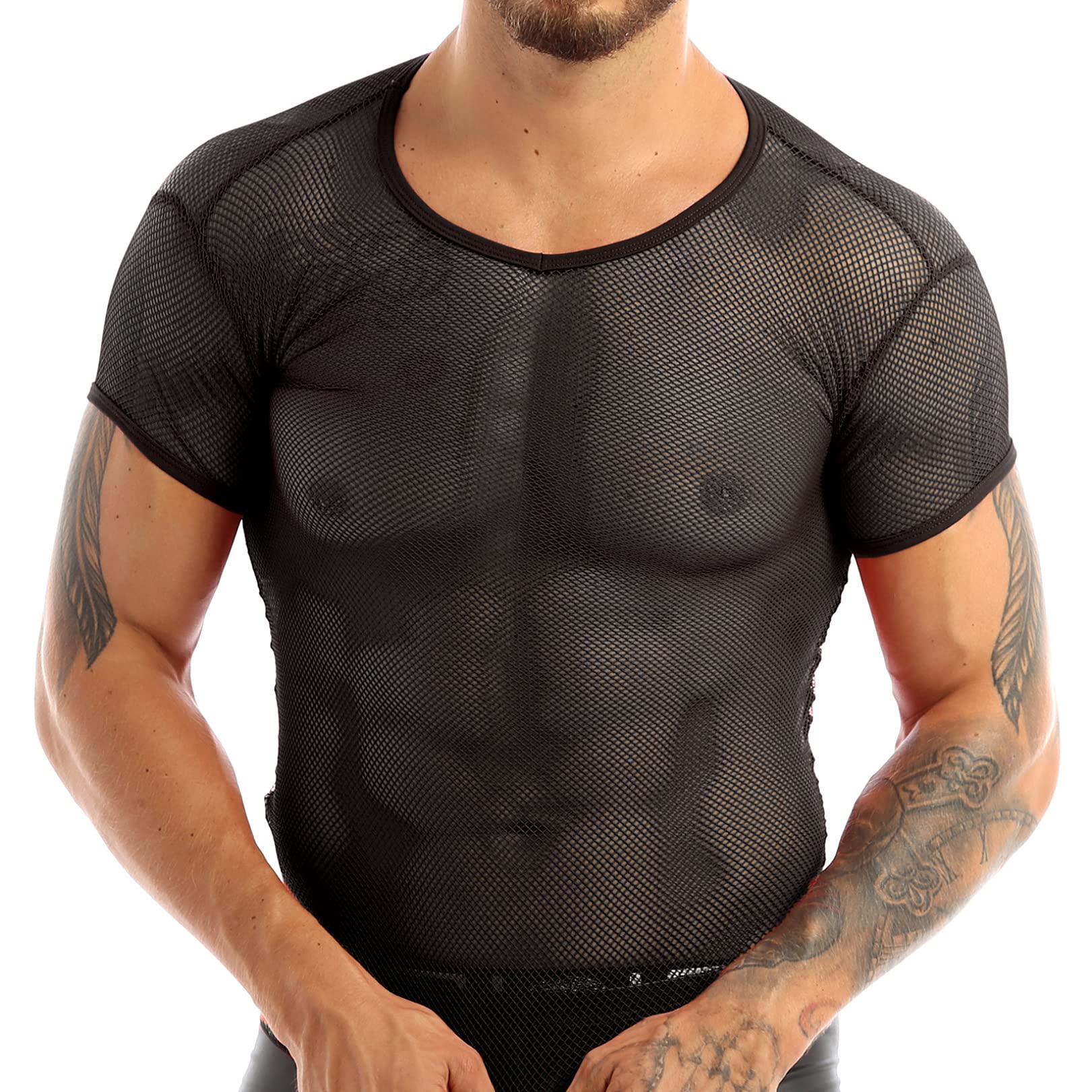 FEESHOW Mens See Through Sheer Mesh T-Shirt Muscle Tank Tops Tees Vest Fishnet Shirt Undershirts Black L