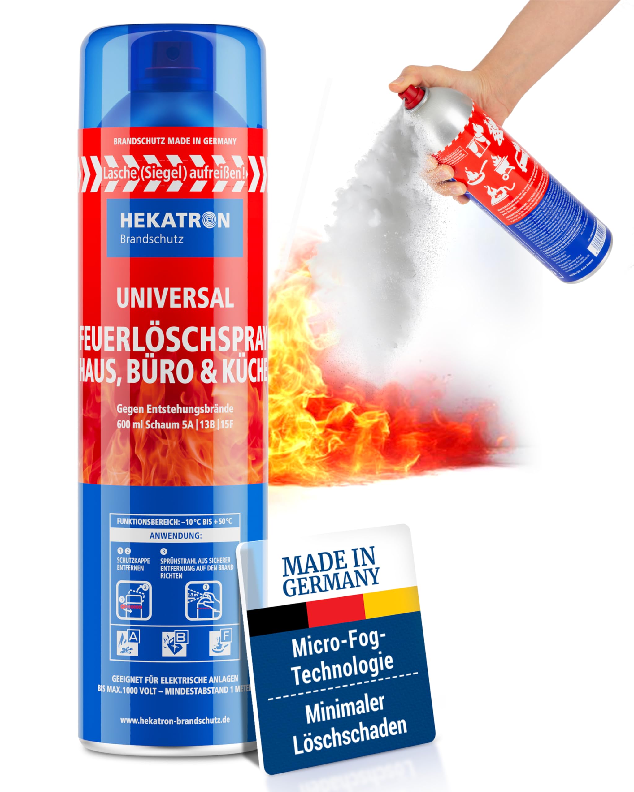 Hekatron Feuerlöschspray, hochwirksames Schaumlöschmittel, Sprühweite bis zu 4 Meter, Löschzeit 25 Sekunden, Löschspray ideal für Haushalt, Küche, Grillen und Camping dank intuitiver Anwendung, 600 ml