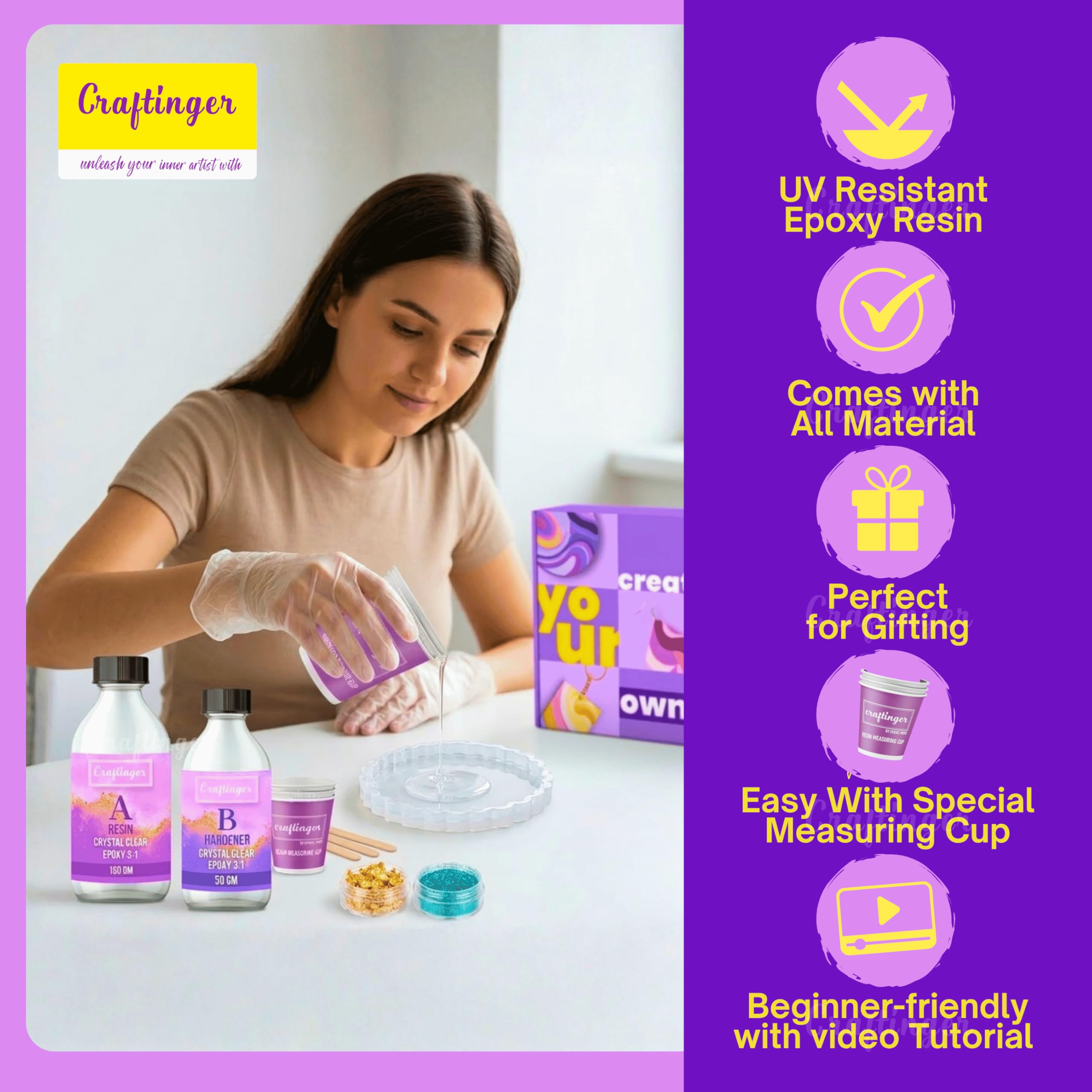 Craftinger Diy Resin Keychain Coaster Jwellery Making Kit With 300Gm Epoxy Resin&Mould, Glitter Pigments And More,Multicolor 1