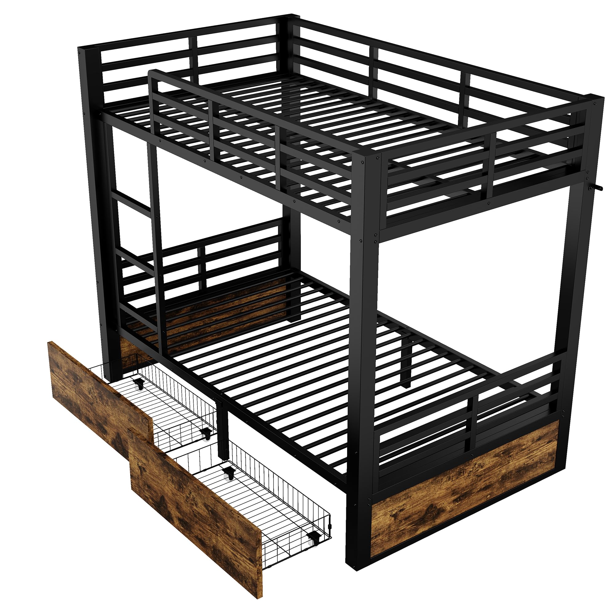 Azkoeesy Litera para dormitorio de metal resistente, 200 x 90 cm, con 2 cajones, escalera de metal resistente y barandilla de seguridad para adolescentes y adultos (90 x 200, negro)