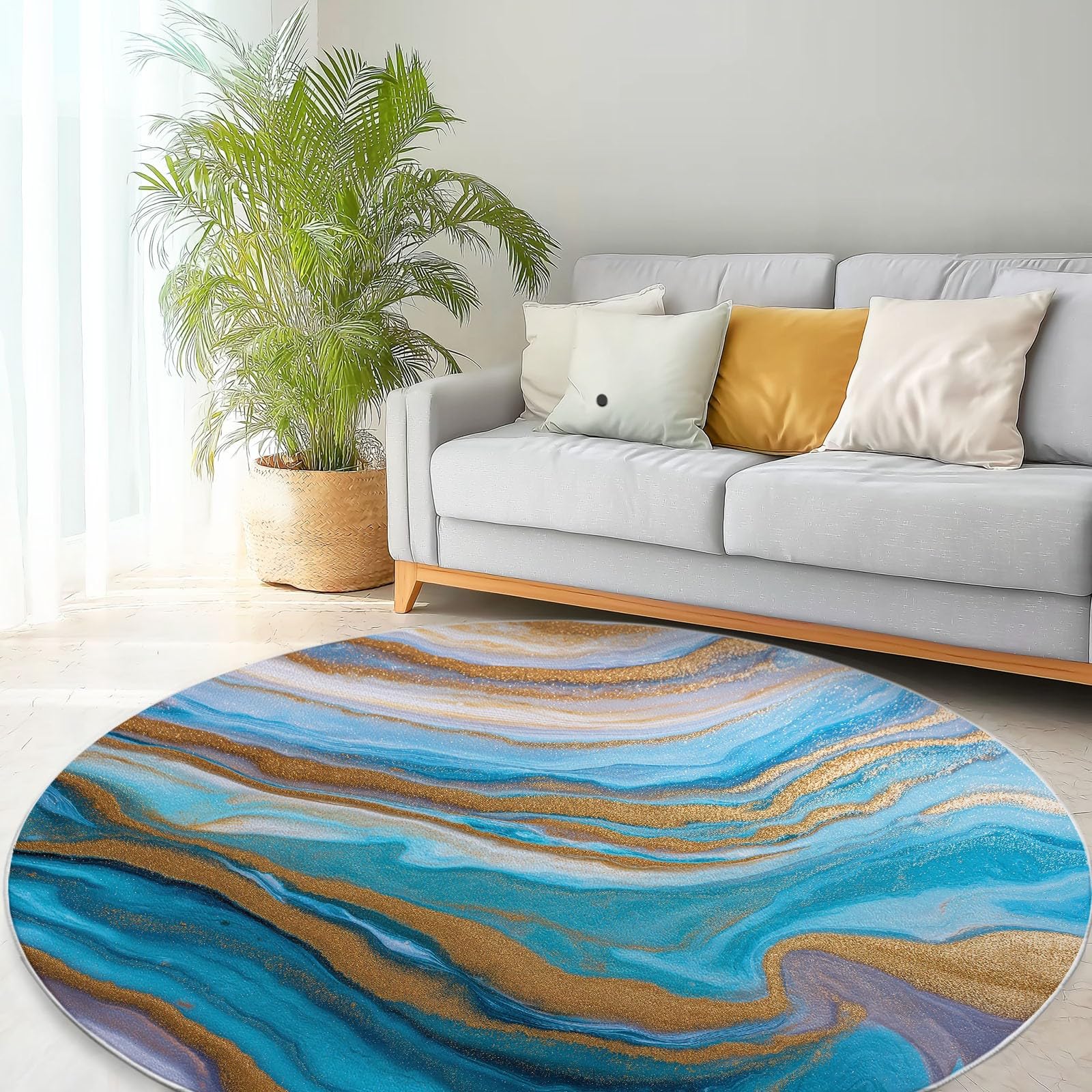 Générique Tapis Rond 100 cm Salon Vagues Océaniques en Marbre Bleu Et Or Lavable en Machine, Tapis Rond Abstrait Doux Descente de Lit Antidérapant pour Salle à Manger Bureau de Cuisine