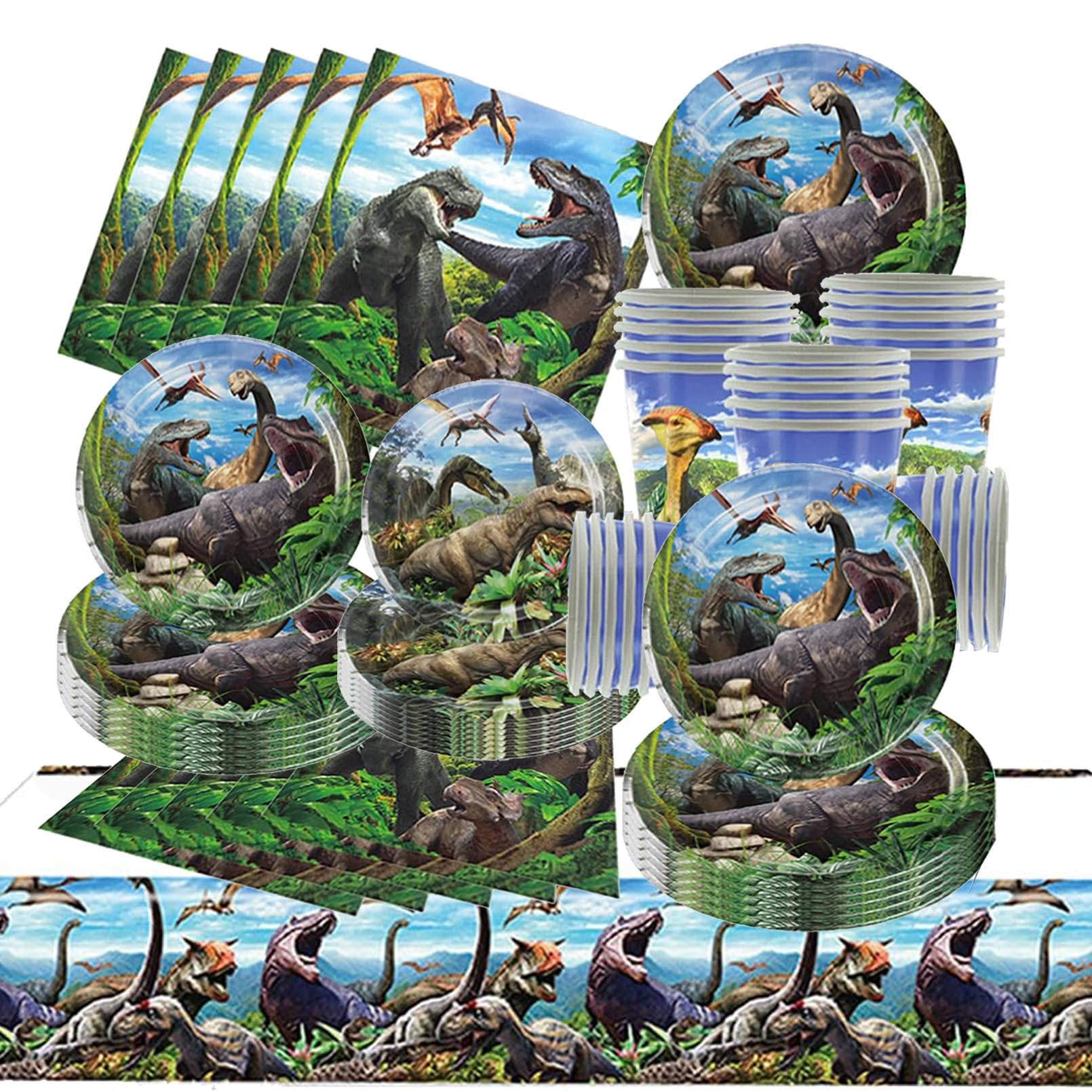81 Pezzi Dinosauri Stoviglie per Feste di Compleanno，Addobbi Compleanno Dinosauri，Tovaglia，Piatti Carta