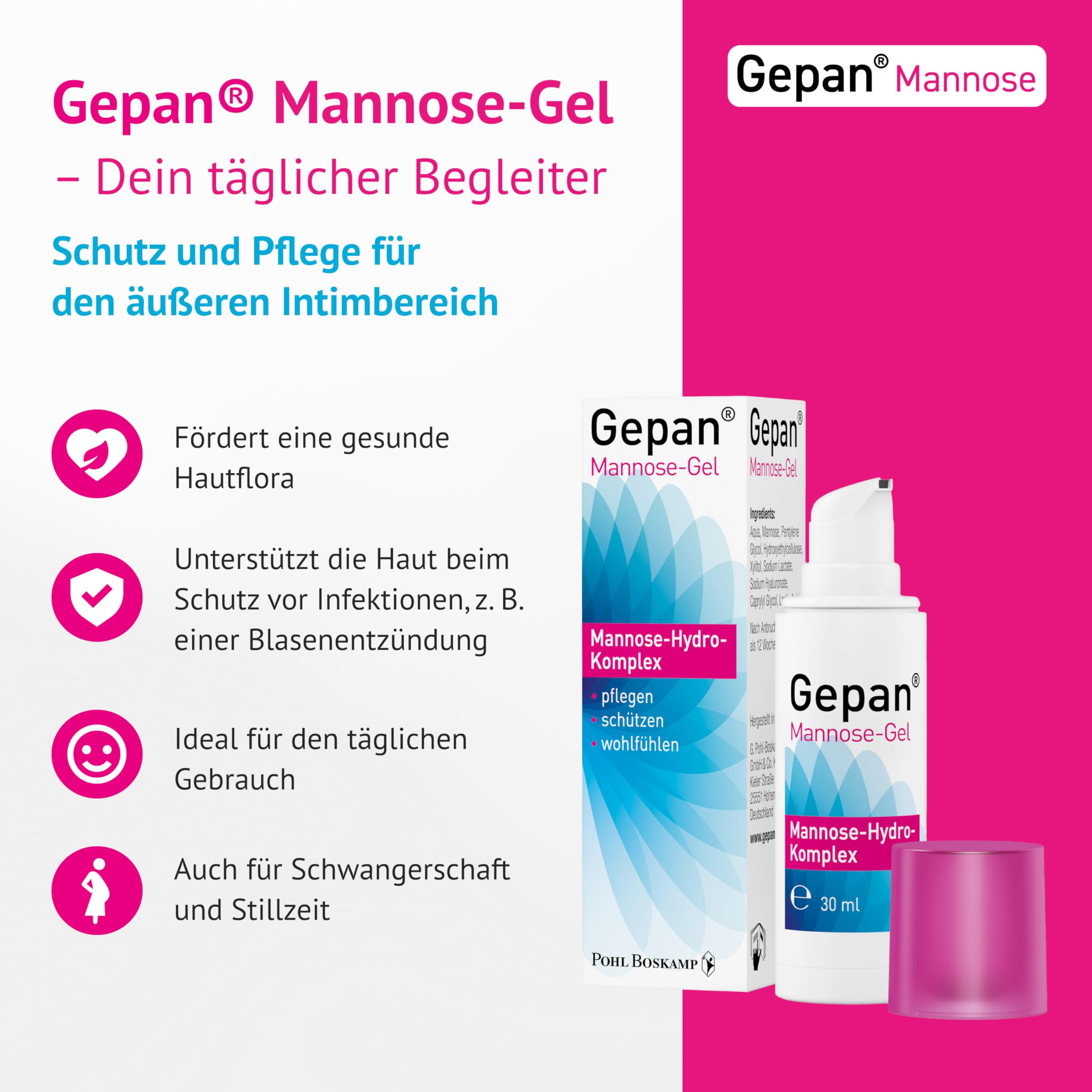 Gepan Żel mannozowy, 30 ml: pielęgnacja intymna z czynnikiem ochronnym – mannoza i kwas hialuronowy – wspomaga barierę skóry w okolicach intymnych, bez parabenów, ochrona przed infekcjami, np