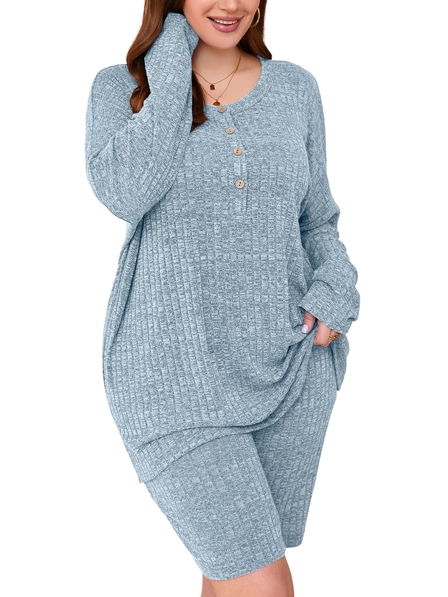 AusLook Women's Plus Size Lounge Pajamas Sets 2 Piece Ribbed Knit Long Sleeve Top and Shorts Outfits Loungewear Sweatsuit