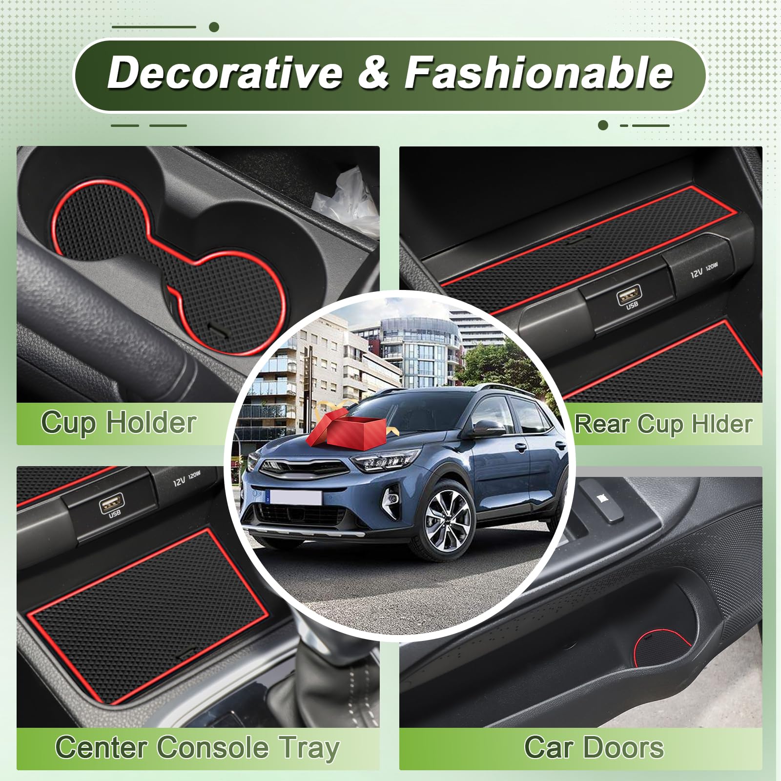 Compatibile con Kia Stonic 2018-2025 Tappetini Antiscivolo per Kia Stonic GT-Line S Tappetini in Gomma per Console Centrale, Porta Bicchieri, Scanalatura Porta (Rosso)