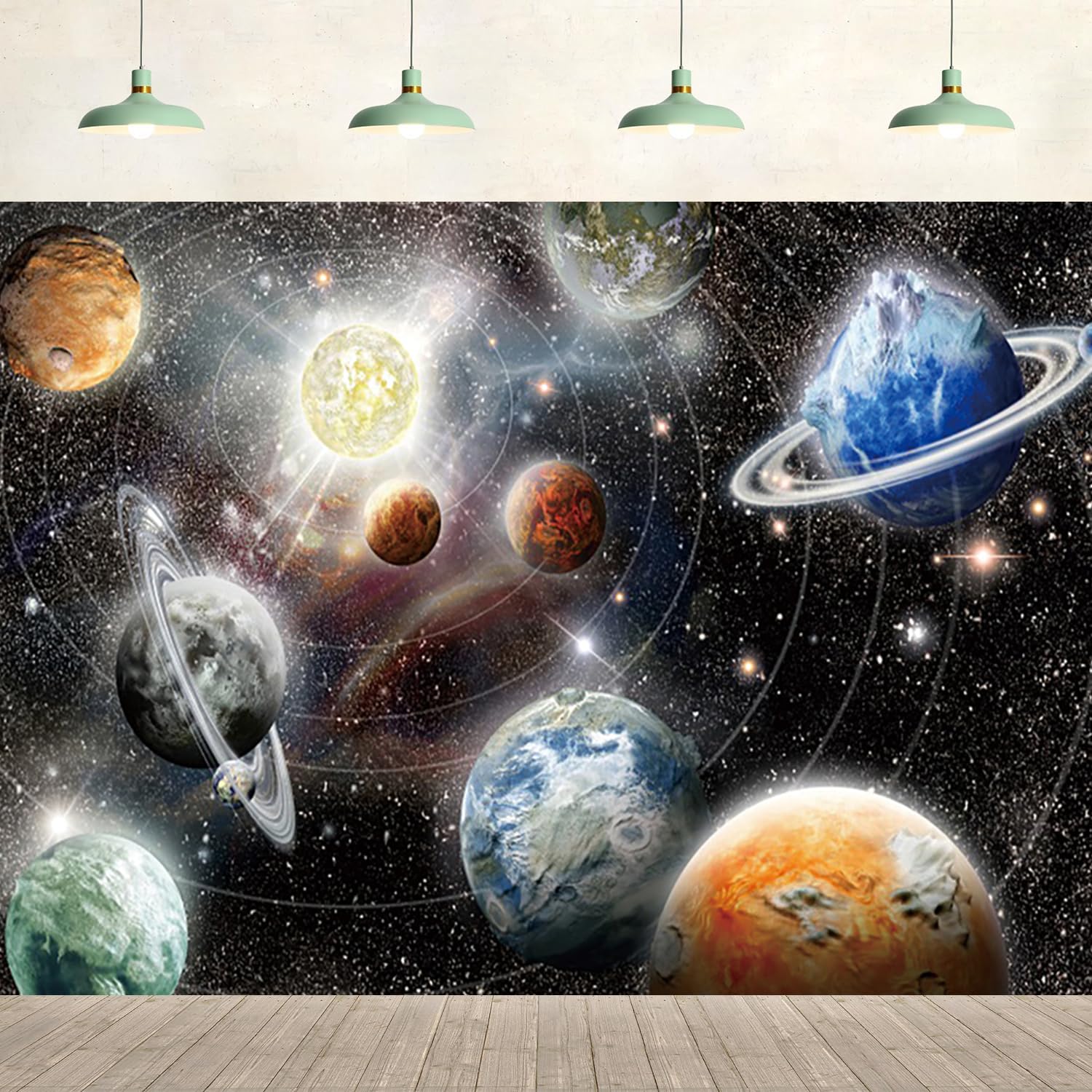 8x6ft Outer Space Backdrop Nebula Large Planet Solar System Starry Galaxy Glitter Photography Background Birthday Party Supplies Wall Hanging