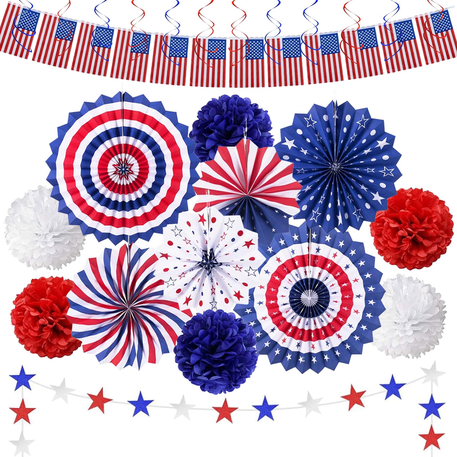 26PCS 4th of July Decorations Patriotic Decor USA Flag String Red White and Blue Paper Fans Star Streamer Pom Poms Hanging Swirls for Memorial Day