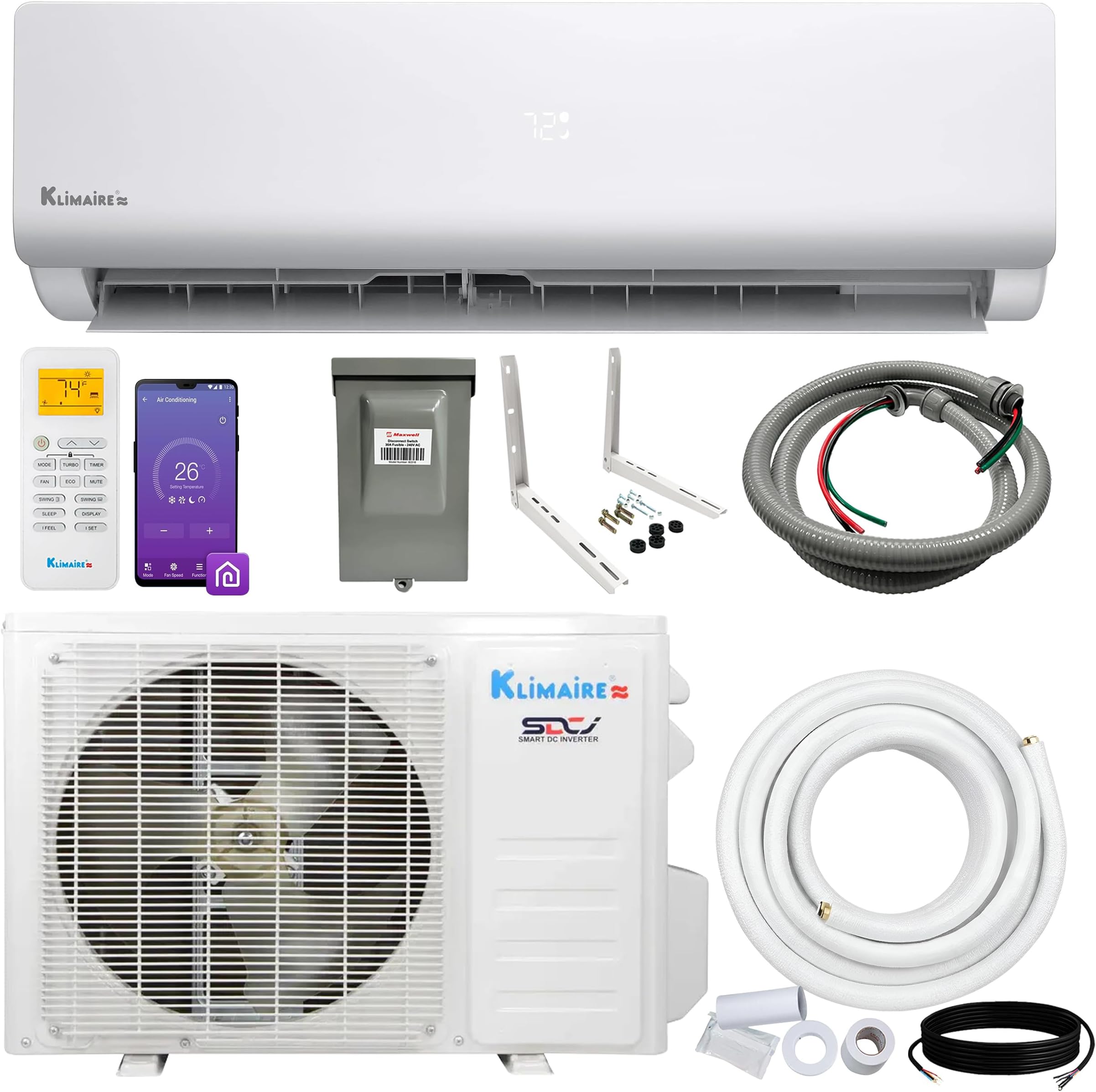 Klimaire Entrada 12,000 BTU 17 SEER2 Ductless Mini-Split Heat Pump Air Conditioner with 16 Ft. Installation Kit, Wall Bracket, Electrical Disconnect, and Whip - 115V