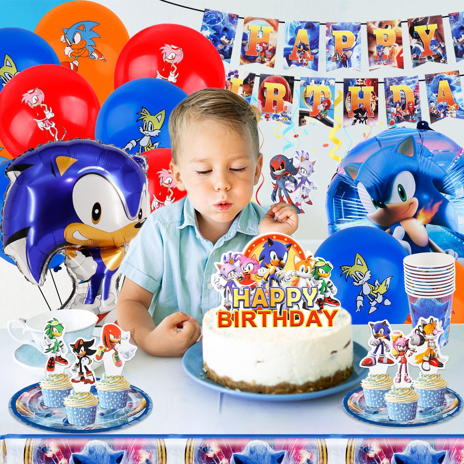 Pappteller Kindergeburtstag, 105 Stück Partygeschirr Geburtstagsdeko Cartoon Birthday Banner Luftballon Party Geschirrset Pappteller Becher Servietten Tischdecke Kuchen Deko Kinder