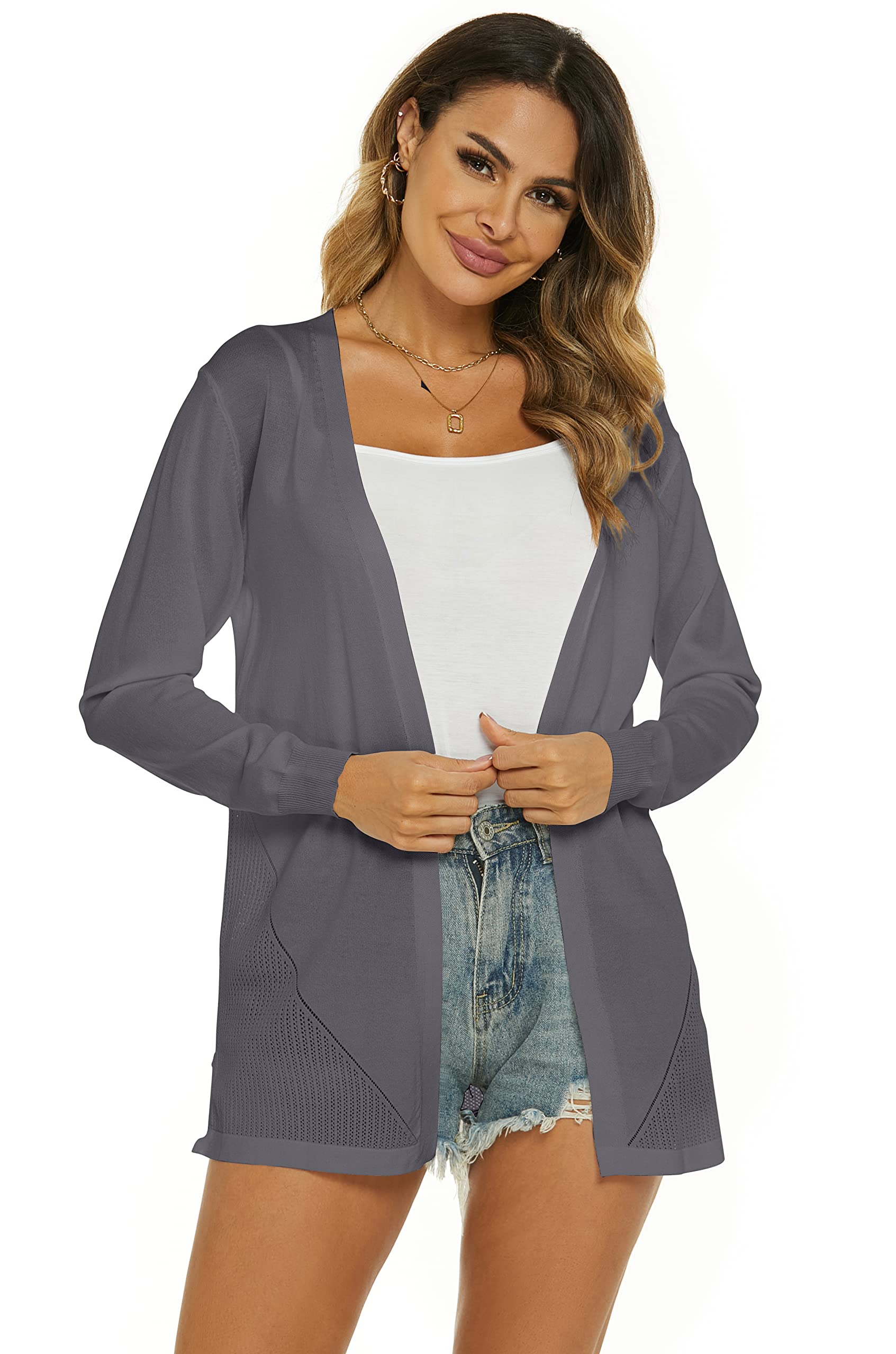 Gilet Long Femme Été Cardigan Veste Tricot Léger Manches Longues Gilet Elégant Ouverte Cardigan