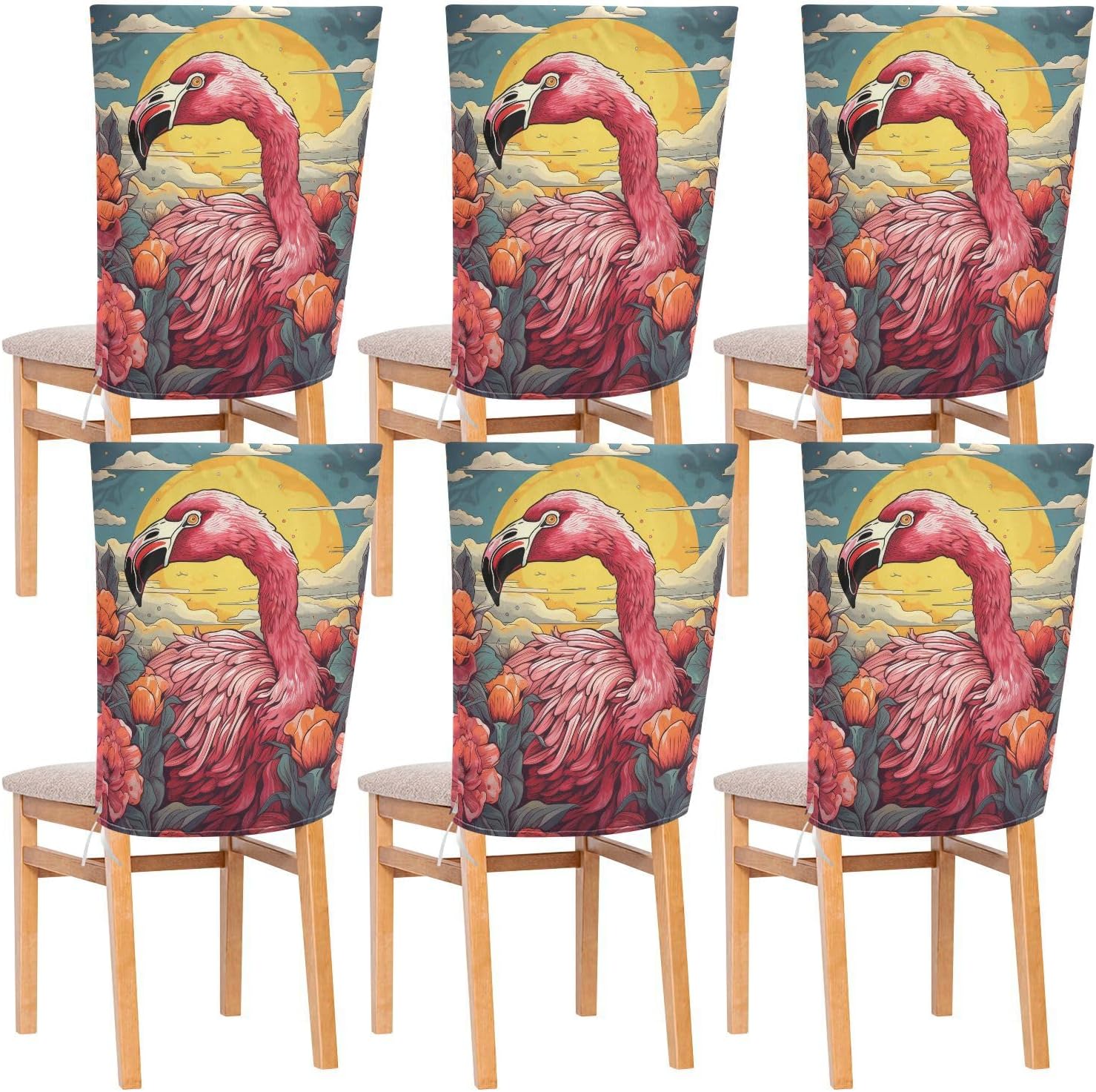 ALAZA Flamingo Flowers Chair Back Cover Set of 6, Washable Reusable Removable Chair Slipcovers Decorative Chair Cover for Home Kitchen Wedding Party