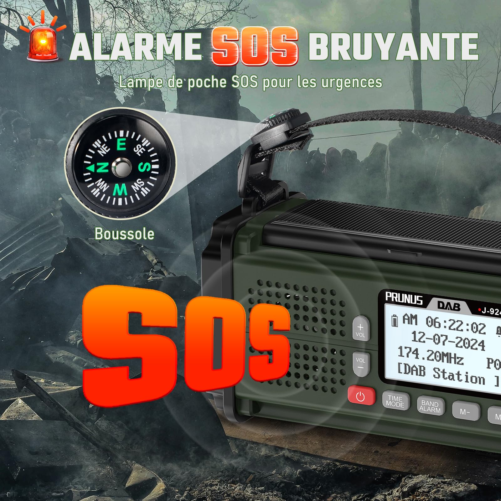 Radio Dab+/FM Portable, Prunus J-924 Solaire Dynamo 10000mAh, Radio Survie avec Piles et Manivelle, Panneau Solaire, Réveil, Chargeur USB-C, Lampe de Poche et Lecture, Alarme SOS d'urgence