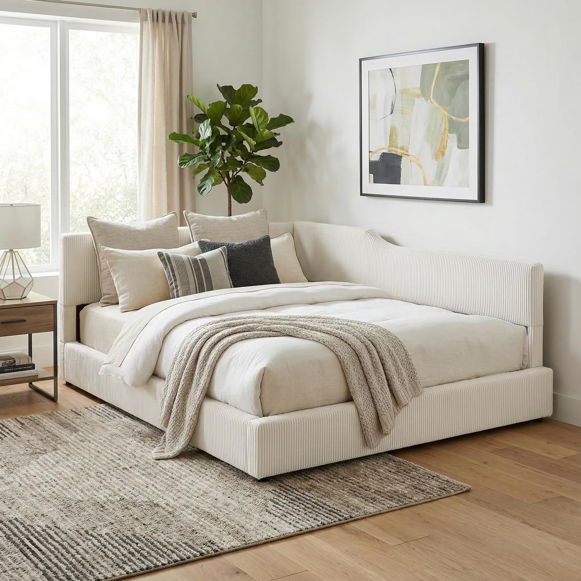 Photo 1 of **UNTESTED**
Merax Full Size Upholstered Daybed with Headboard, Corduroy L-Shaped Corner Day Bed Frame for Guest Room, Space-Saving Sofa Bed DayBed, Solid Wood Legs, No Box Spring Needed, Beige