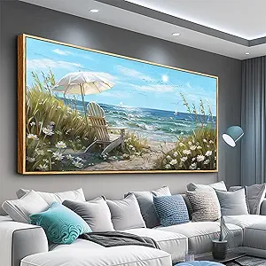ERQINHUA Large Wall Decor For Living Room Canvas Wall Art For Restaurant Office Decorations Blue Sea Ocean Paintings Beach Chair Wall Pictures Modern Home Decor Ready To Hang Wood Framed 20x40 In
