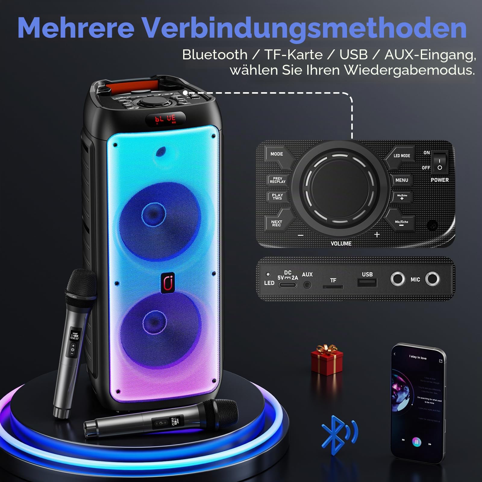 JYX Karaoke Maschine mit 2 Mikrofonen, LED Licht – Bluetooth 5.3, TF/USB/AUX/TWS/LIVE, Karaoke Box & PA Anlage für Party, Outdoor, Zuhause, Erwachsene, Perfekt für Gesang & Duette